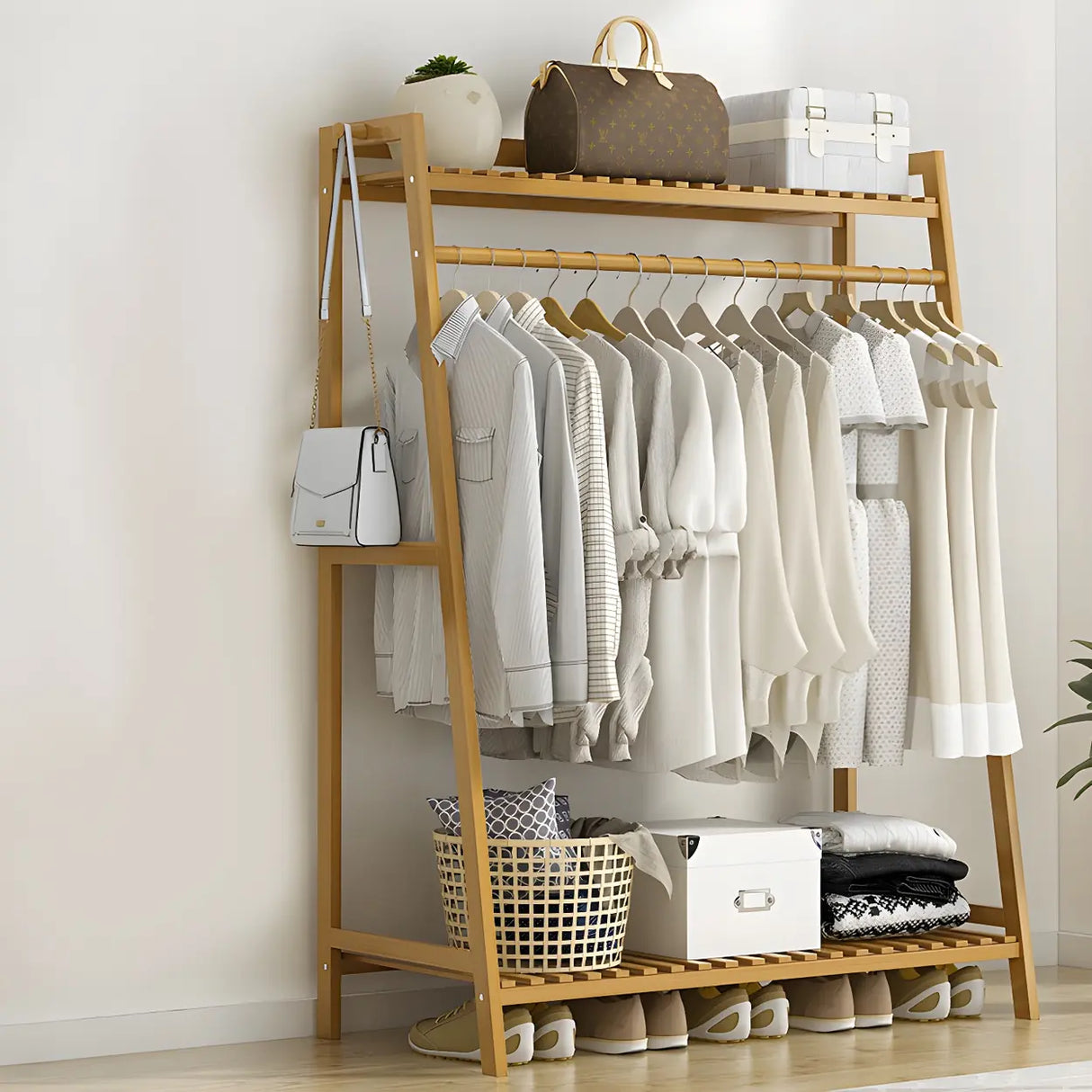 A-Frame Bamboo Tan High Garment Coat Rack with Shelf Image - 17