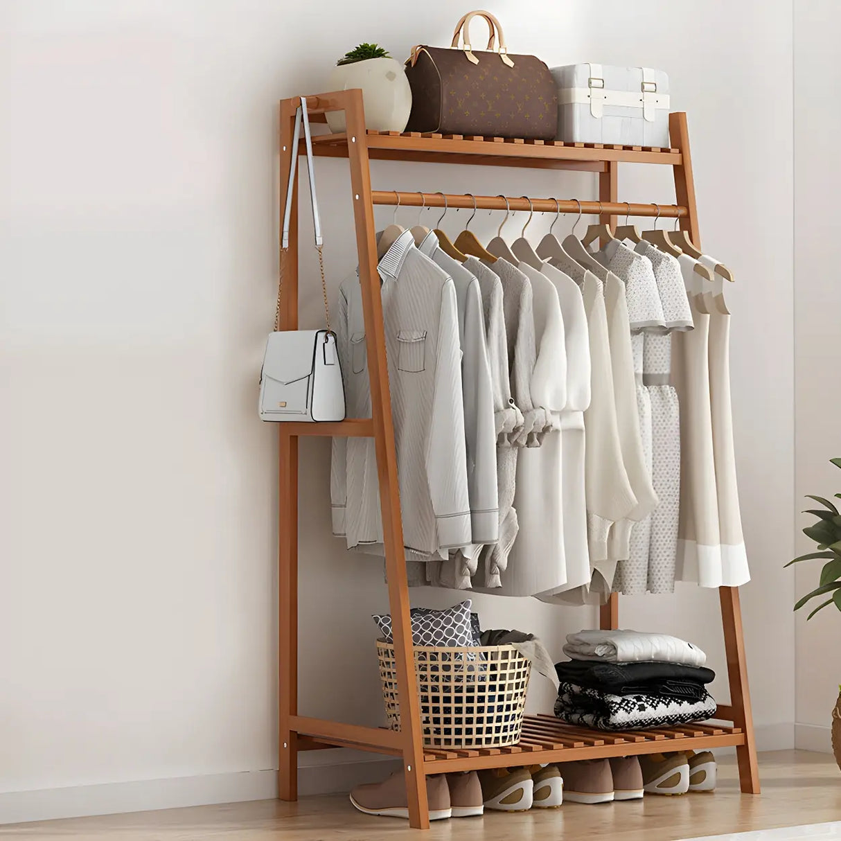 A-Frame Bamboo Tan High Garment Coat Rack with Shelf Image - 18