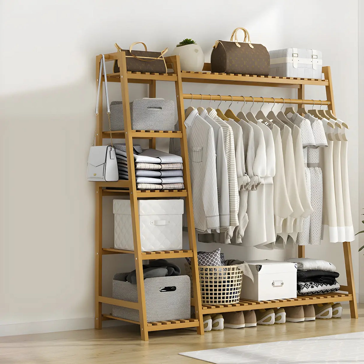 A-Frame Bamboo Tan High Garment Coat Rack with Shelf Image - 19