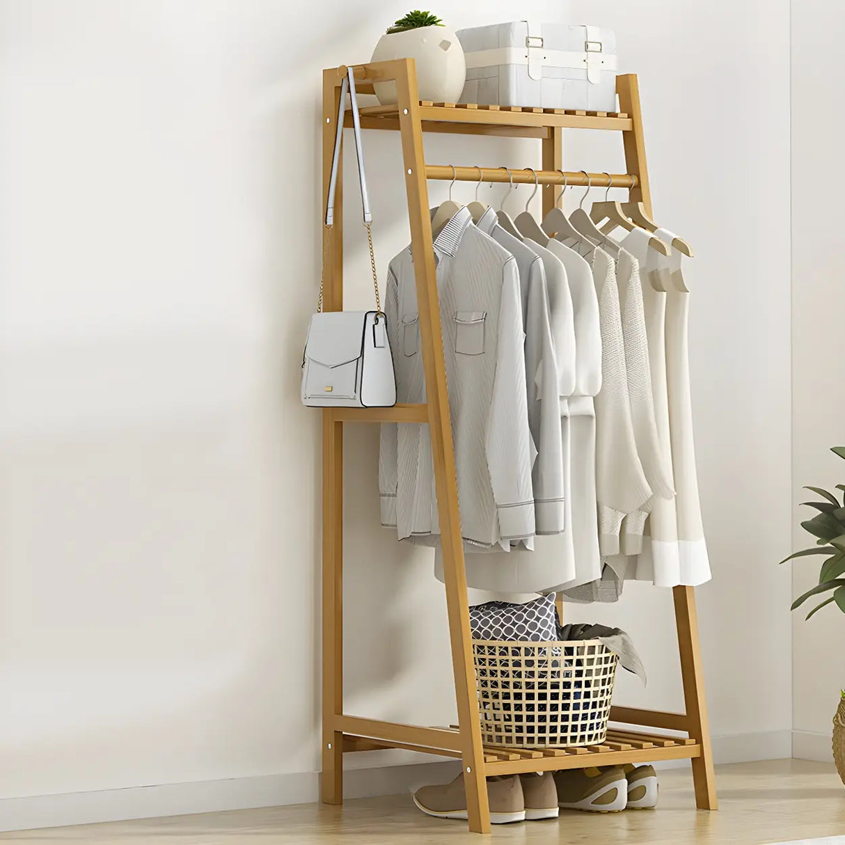A-Frame Bamboo Tan High Garment Coat Rack with Shelf Image - 1