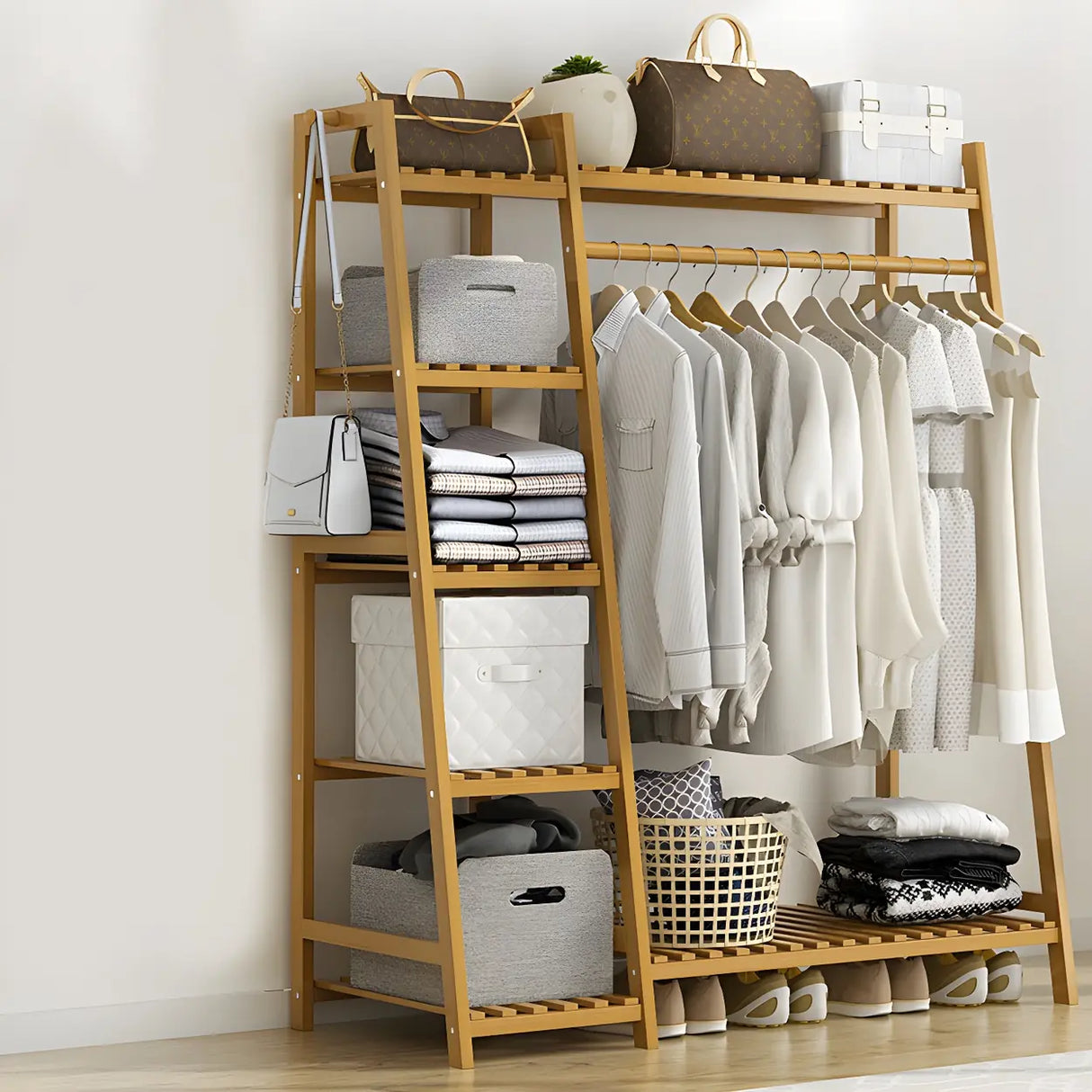 A-Frame Bamboo Tan High Garment Coat Rack with Shelf Image - 21