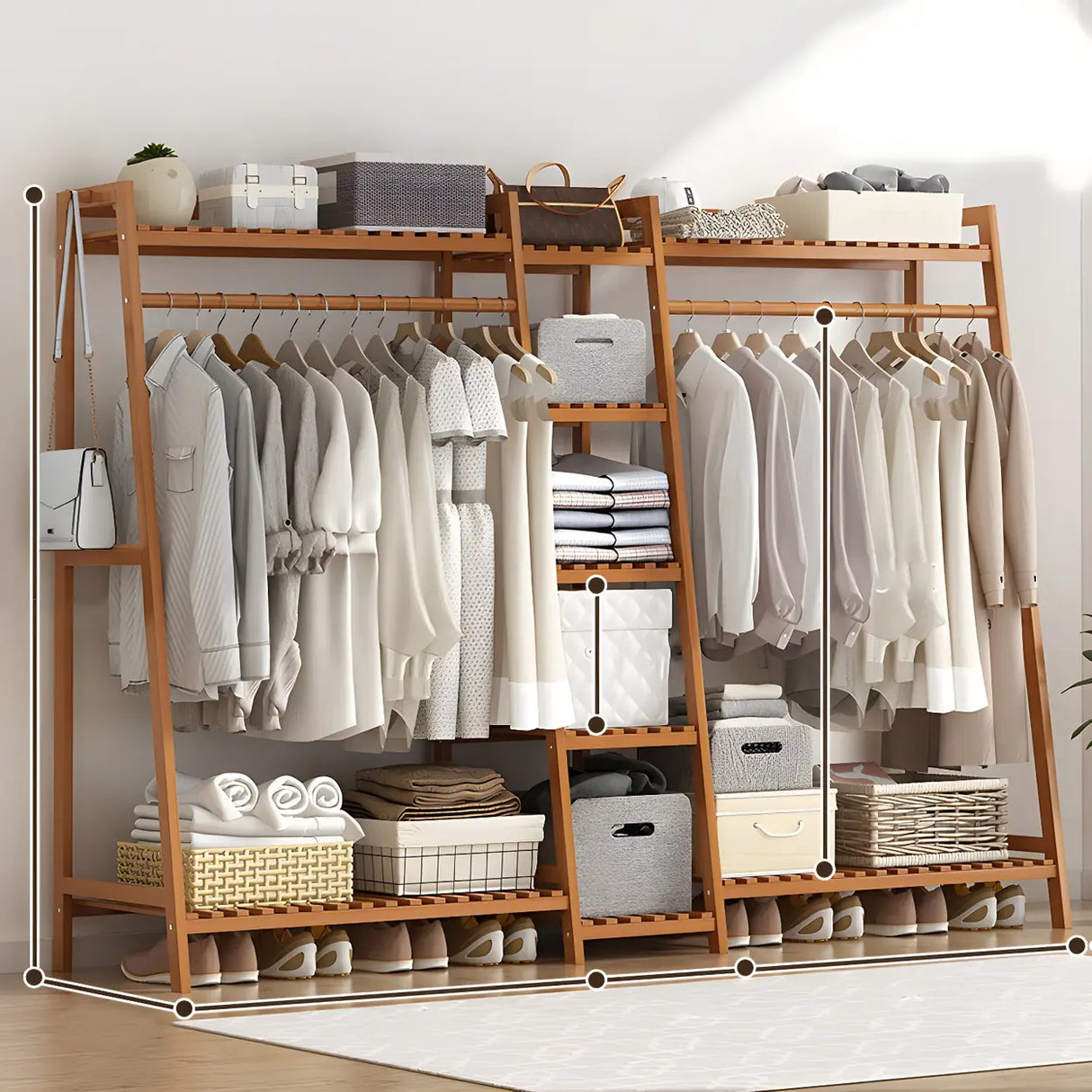 A-Frame Bamboo Tan High Garment Coat Rack with Shelf Image - 22