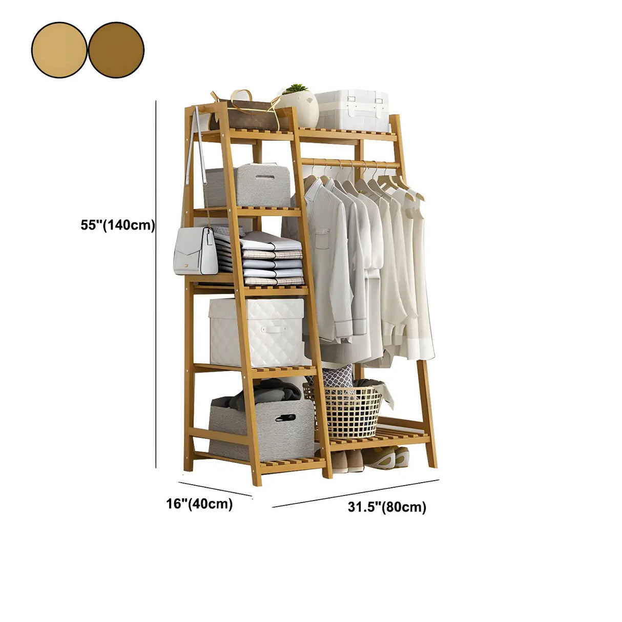 A-Frame Bamboo Tan High Garment Coat Rack with Shelf Image - 25