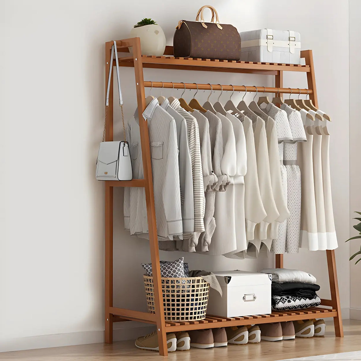 A-Frame Bamboo Tan High Garment Coat Rack with Shelf Image - 2