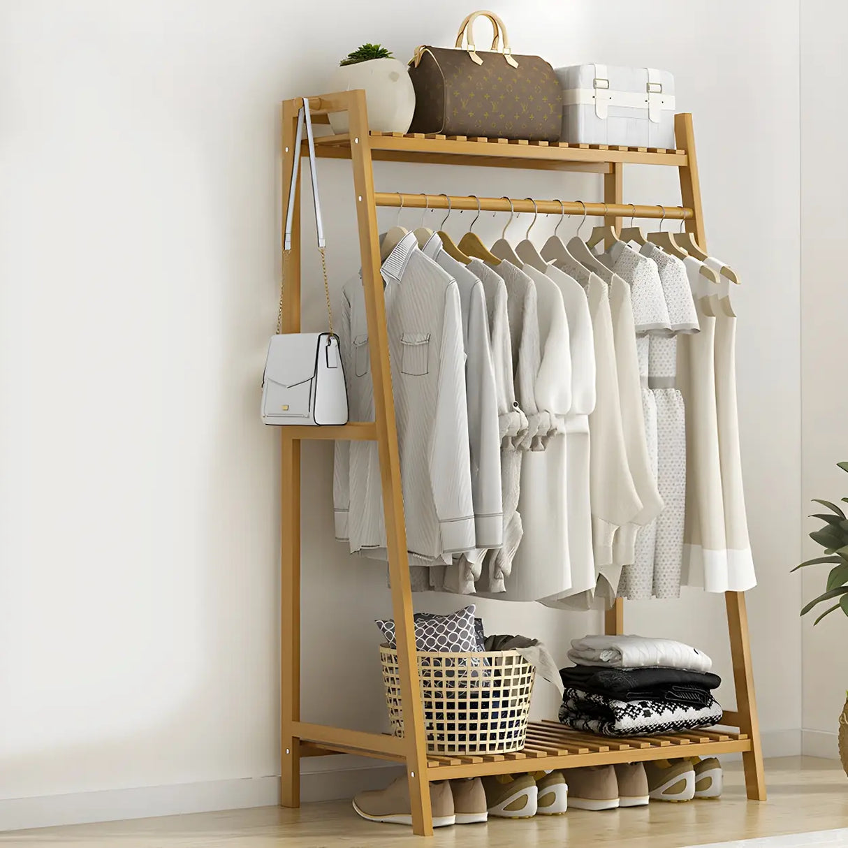 A-Frame Bamboo Tan High Garment Coat Rack with Shelf Image - 3