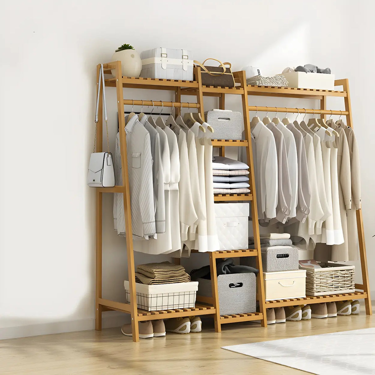 A-Frame Bamboo Tan High Garment Coat Rack with Shelf Image - 4