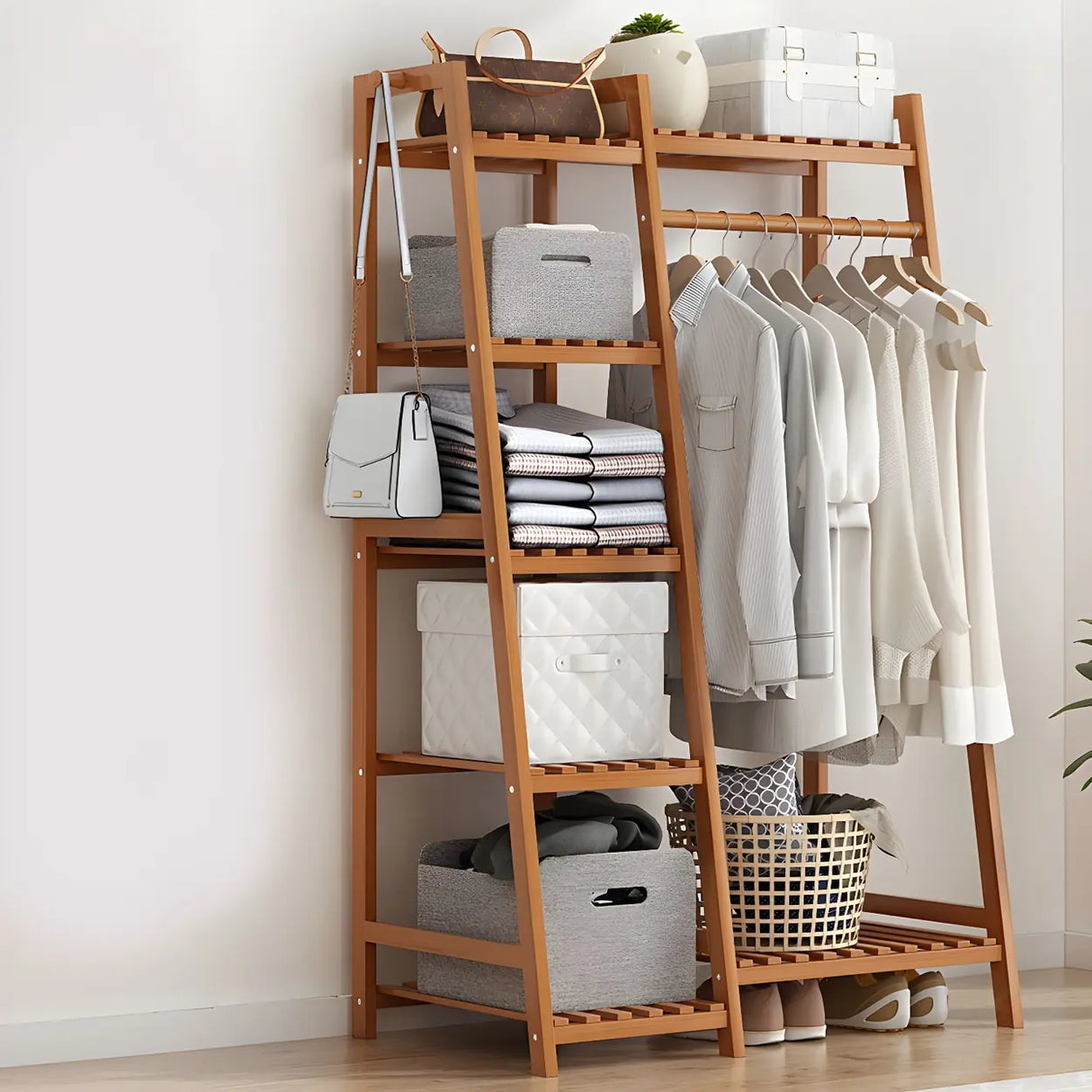 A-Frame Bamboo Tan High Garment Coat Rack with Shelf Image - 5