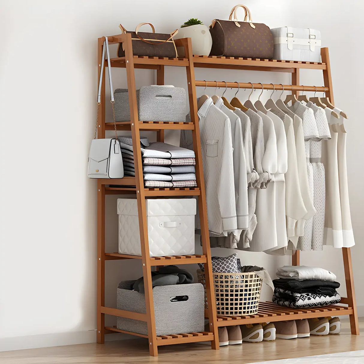 A-Frame Bamboo Tan High Garment Coat Rack with Shelf Image - 6