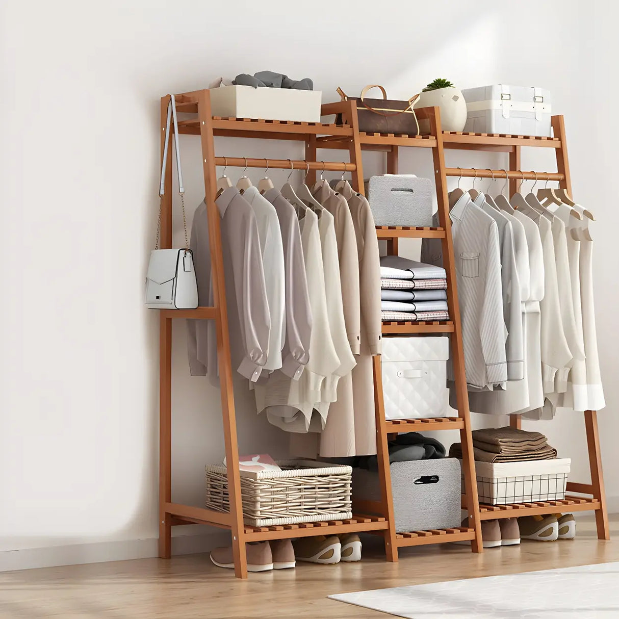 A-Frame Bamboo Tan High Garment Coat Rack with Shelf Image - 7