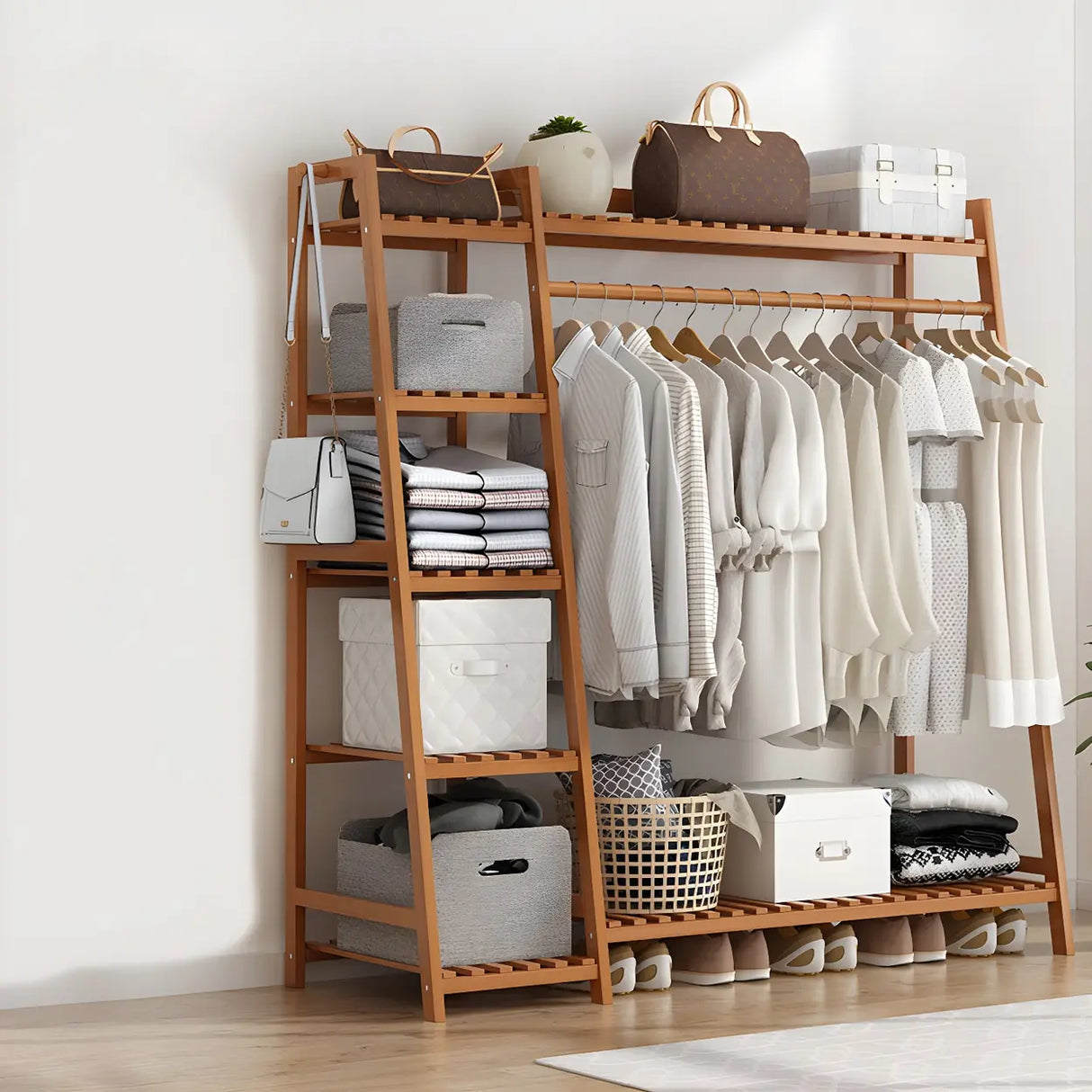 A-Frame Bamboo Tan High Garment Coat Rack with Shelf Image - 8