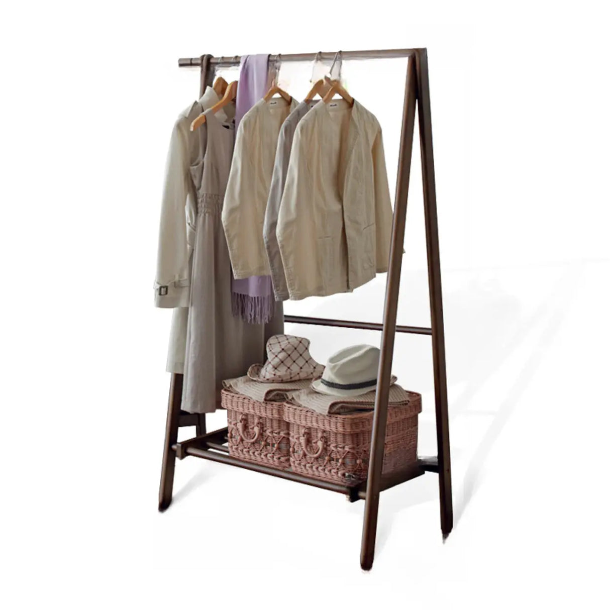 A-Frame Wood Brown Large Storage Coat Rack with Wheels Image - 4