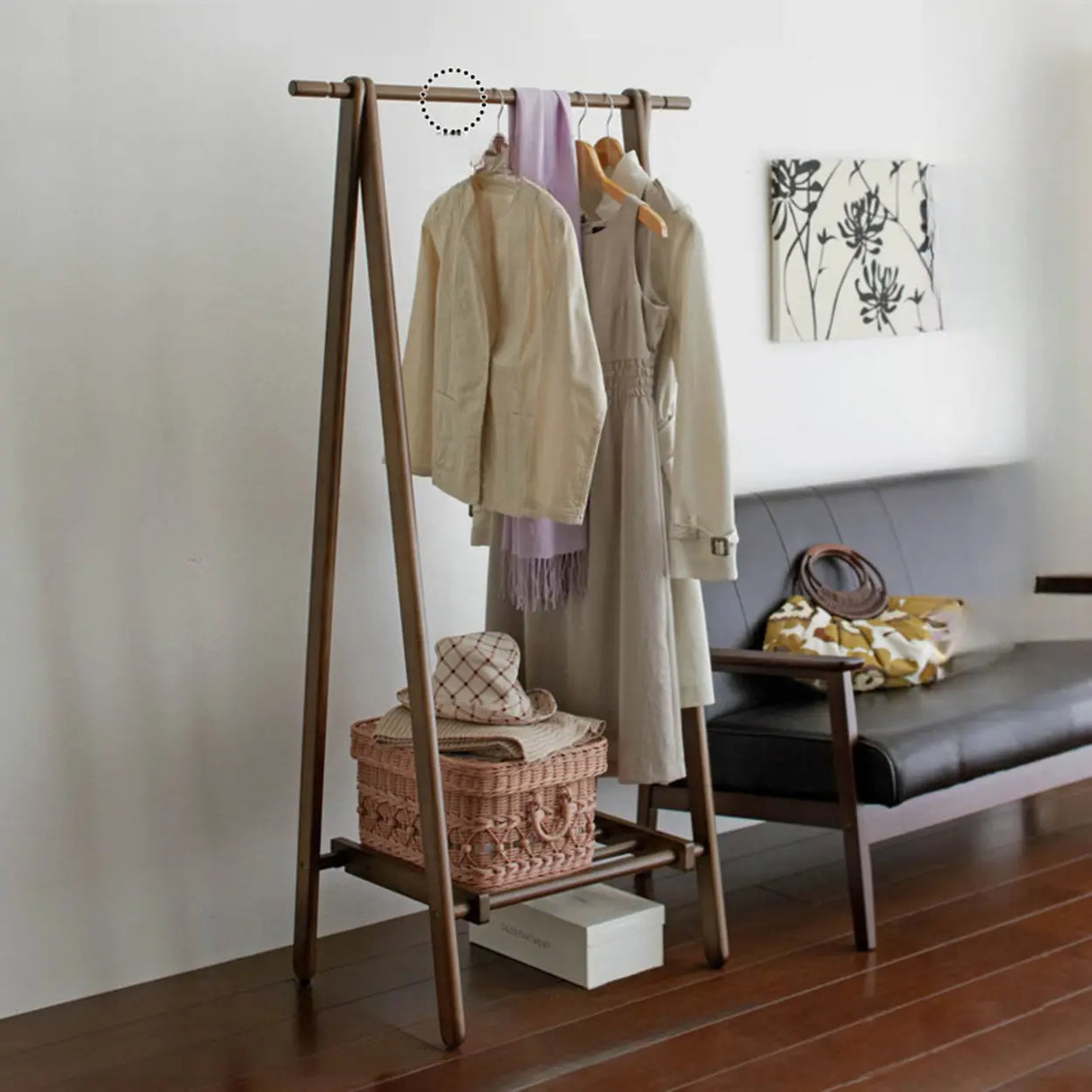 A-Frame Wood Brown Large Storage Coat Rack with Wheels Image - 5