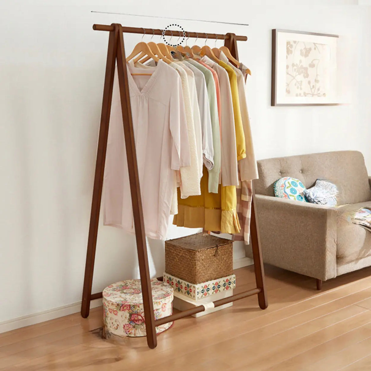 A-Frame Wood Brown Large Storage Coat Rack with Wheels Image - 7