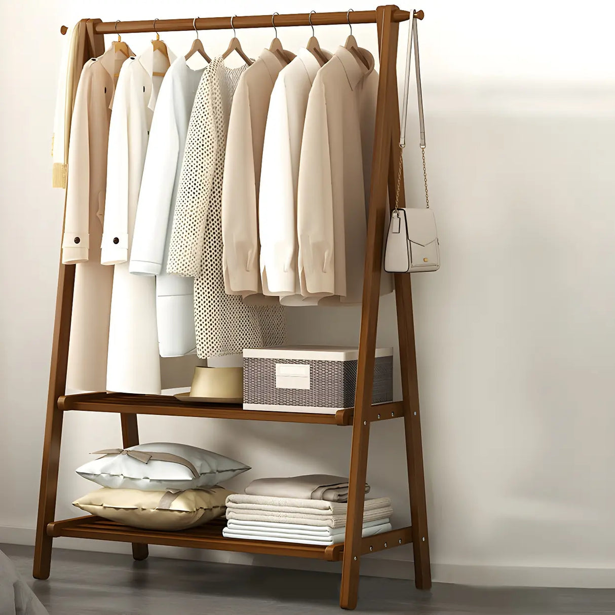 A-Frame Wooden Green Garment Rack with Hooks and Shelves Image - 10