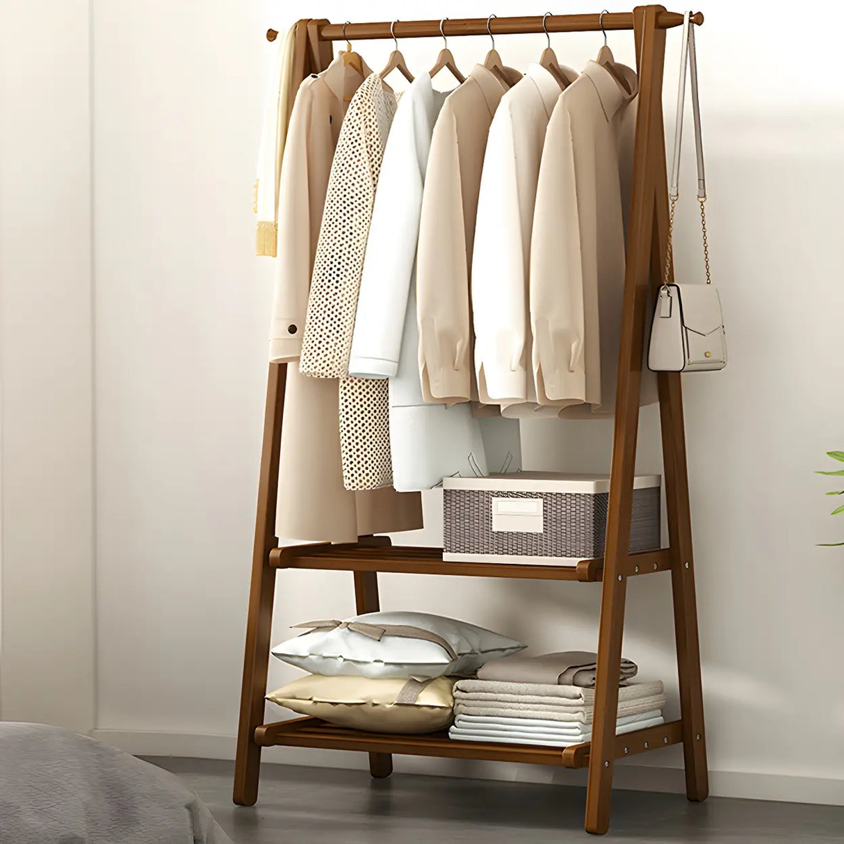A-Frame Wooden Green Garment Rack with Hooks and Shelves Image - 13