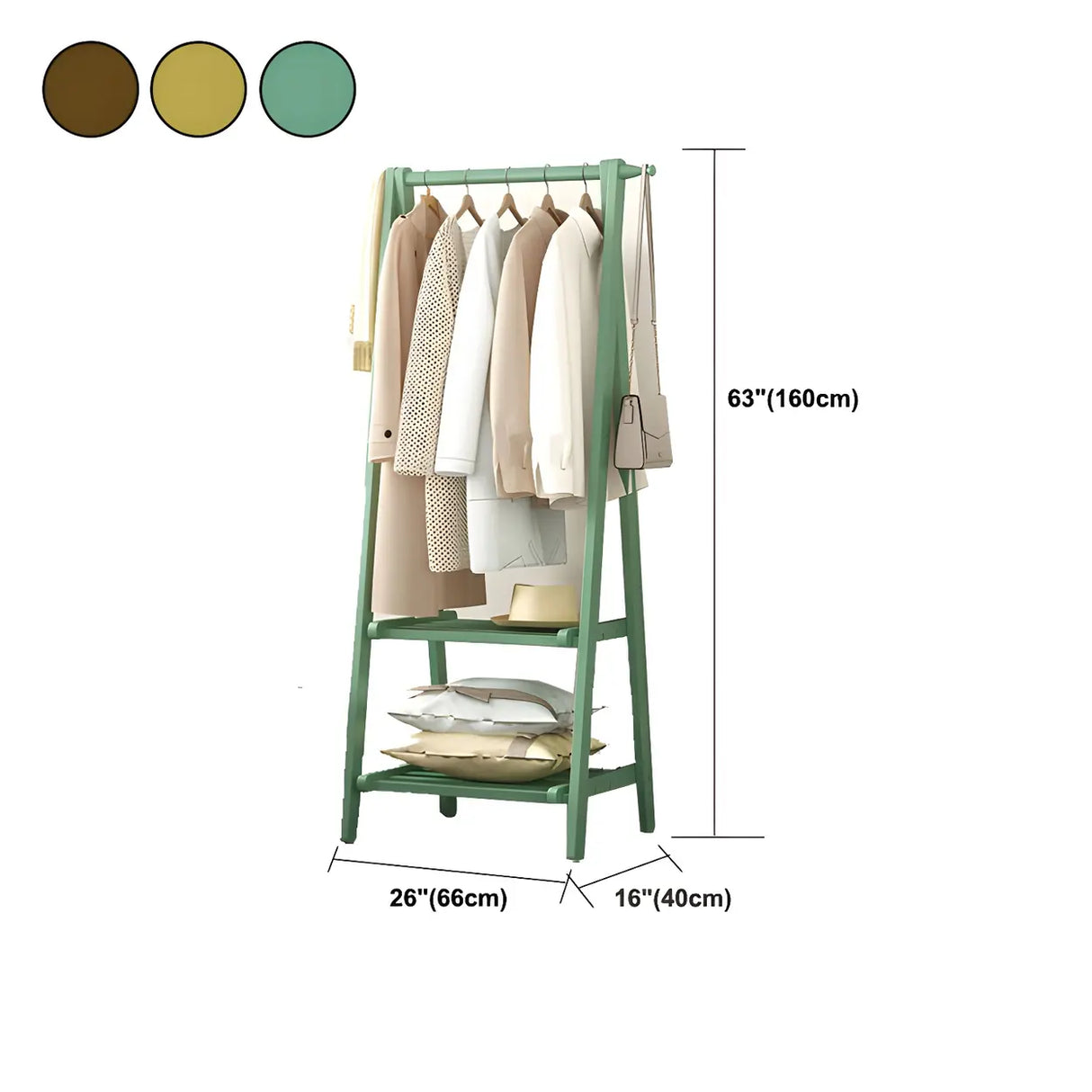 A-Frame Wooden Green Garment Rack with Hooks and Shelves Image - 16