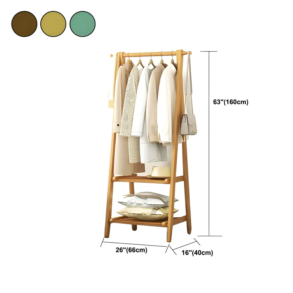 A-Frame Wooden Green Garment Rack with Hooks and Shelves Image - 17