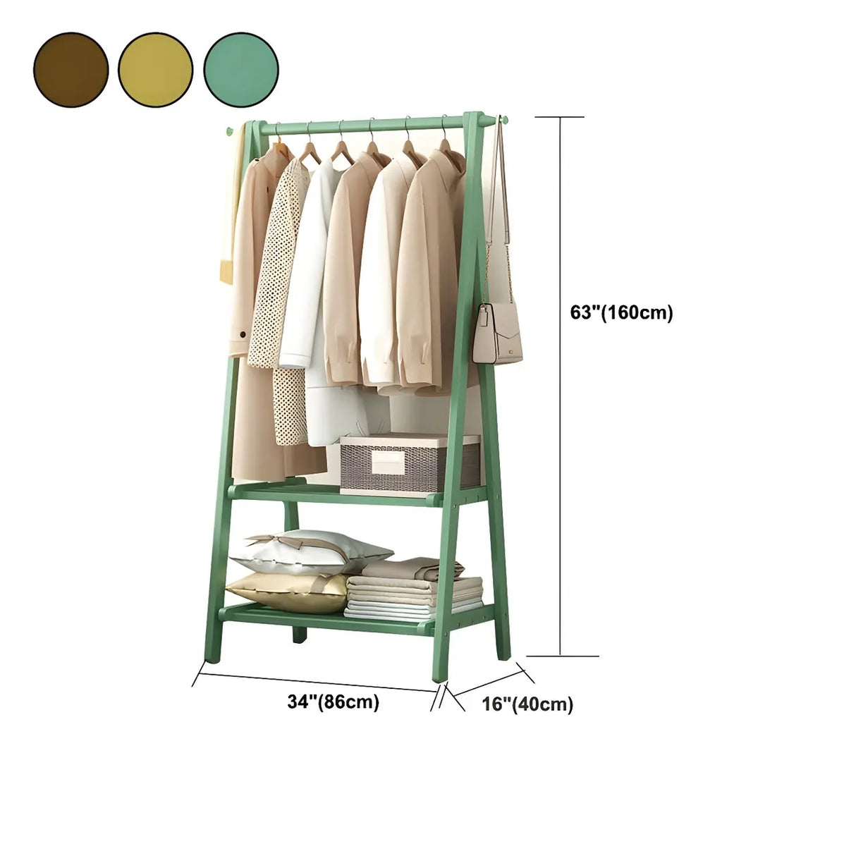 A-Frame Wooden Green Garment Rack with Hooks and Shelves Image - 19