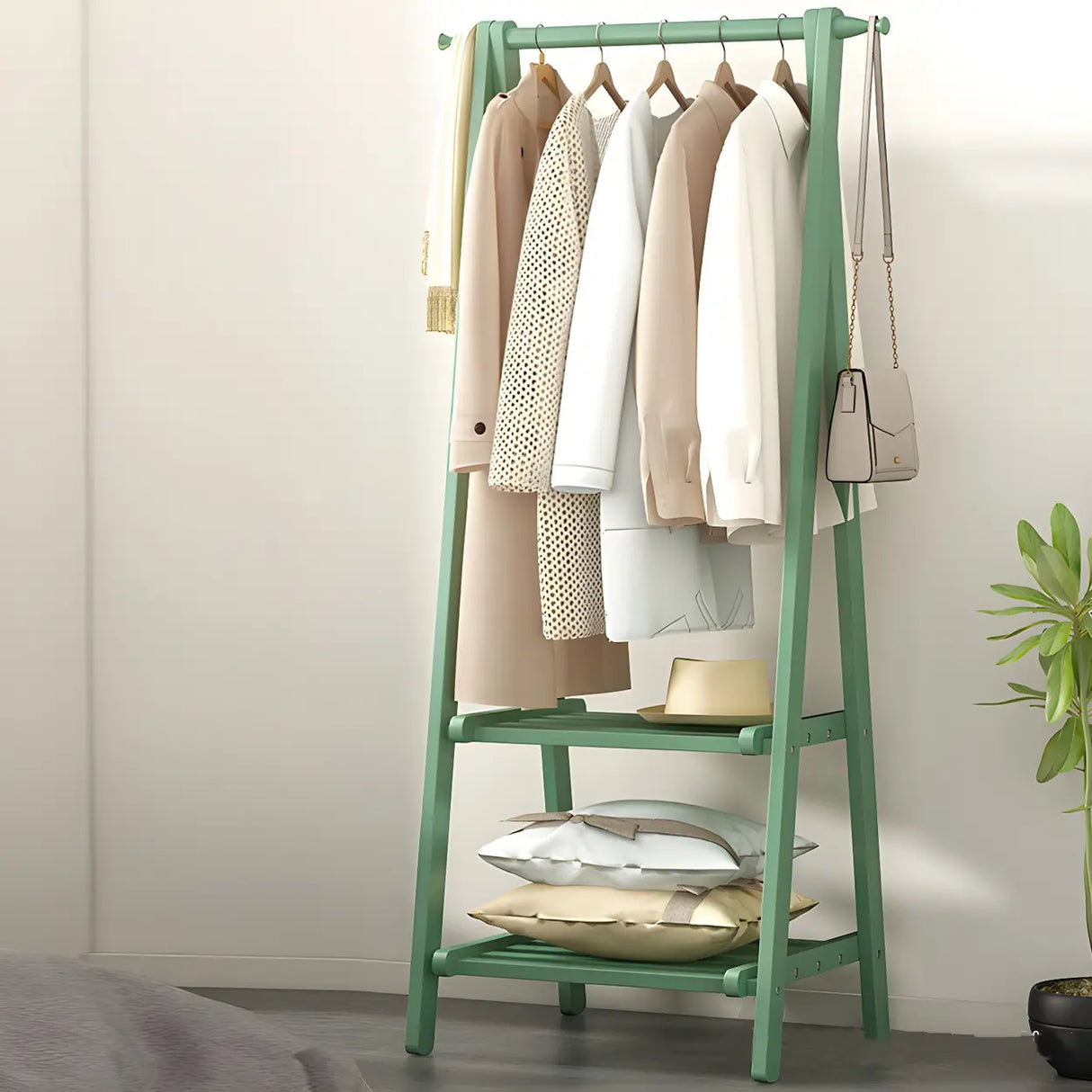 A-Frame Wooden Green Garment Rack with Hooks and Shelves Image - 1