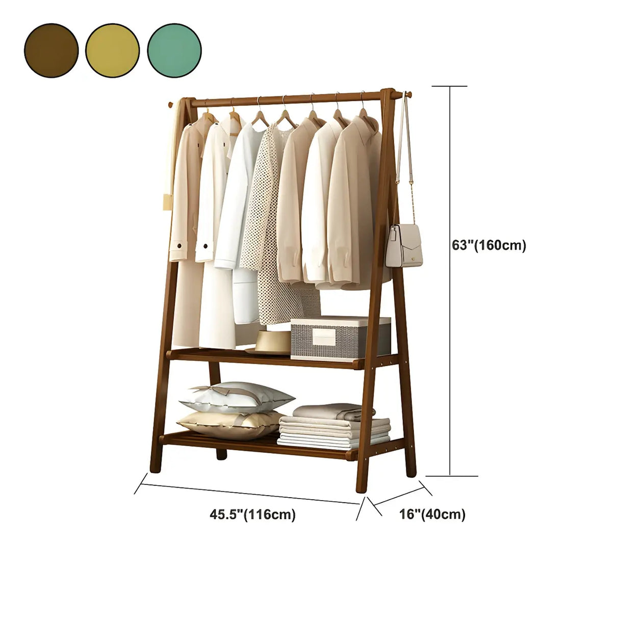 A-Frame Wooden Green Garment Rack with Hooks and Shelves Image - 21