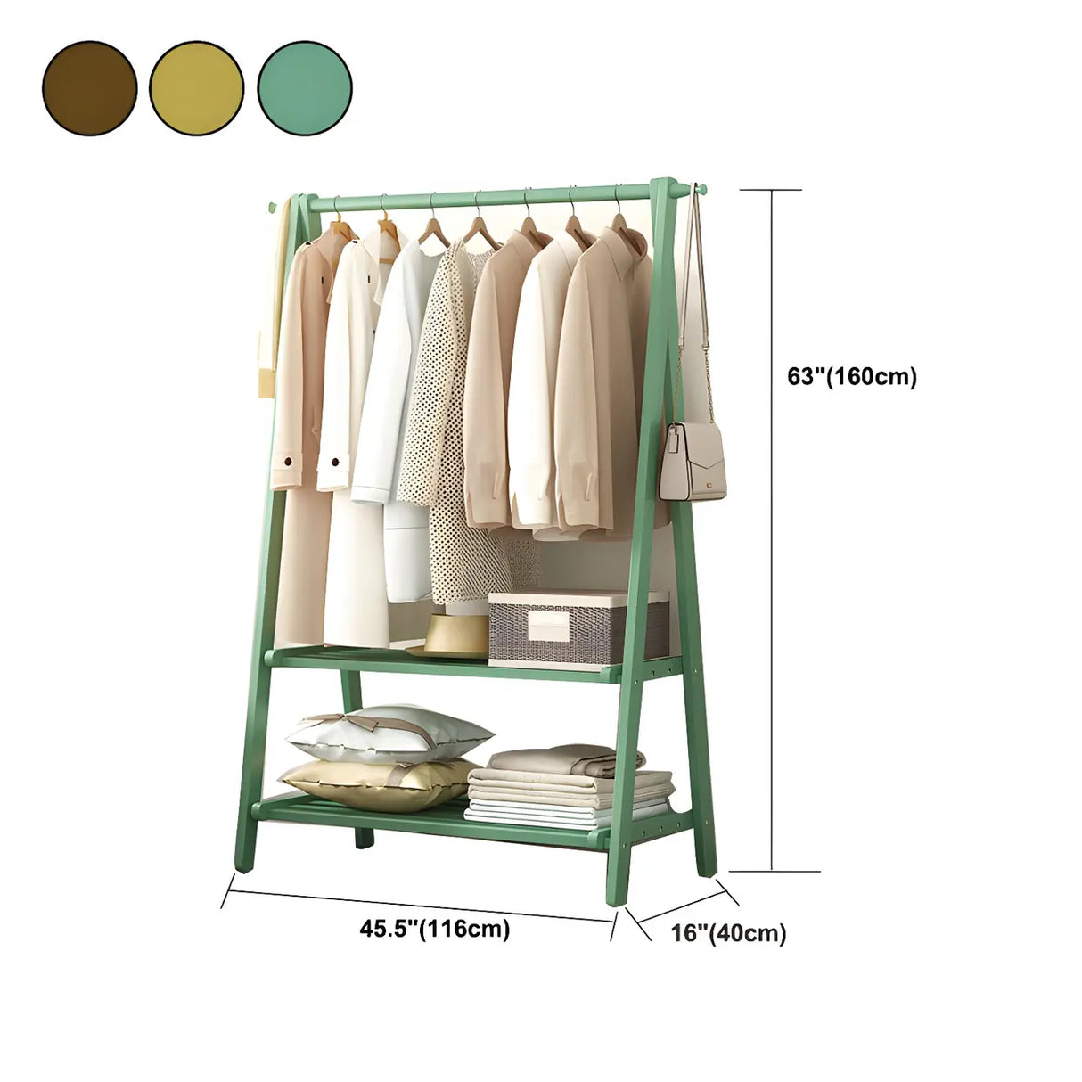 A-Frame Wooden Green Garment Rack with Hooks and Shelves Image - 22