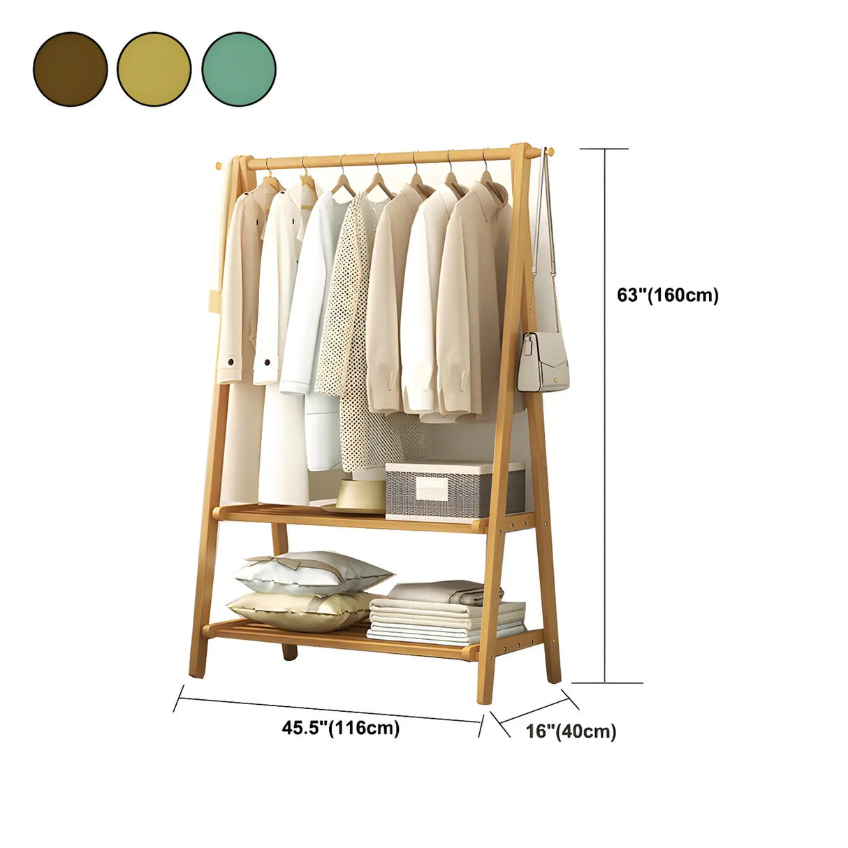 A-Frame Wooden Green Garment Rack with Hooks and Shelves Image - 23