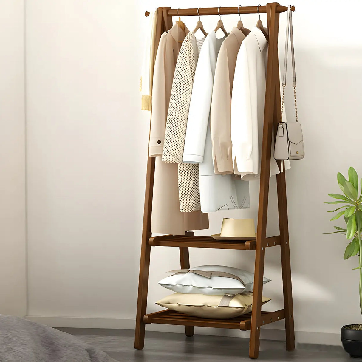 A-Frame Wooden Green Garment Rack with Hooks and Shelves Image - 2