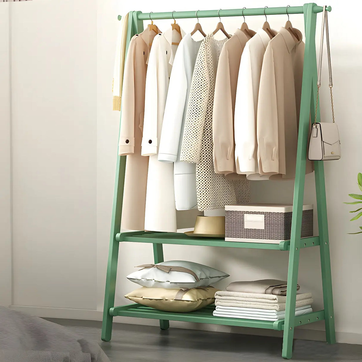 A-Frame Wooden Green Garment Rack with Hooks and Shelves Image - 3