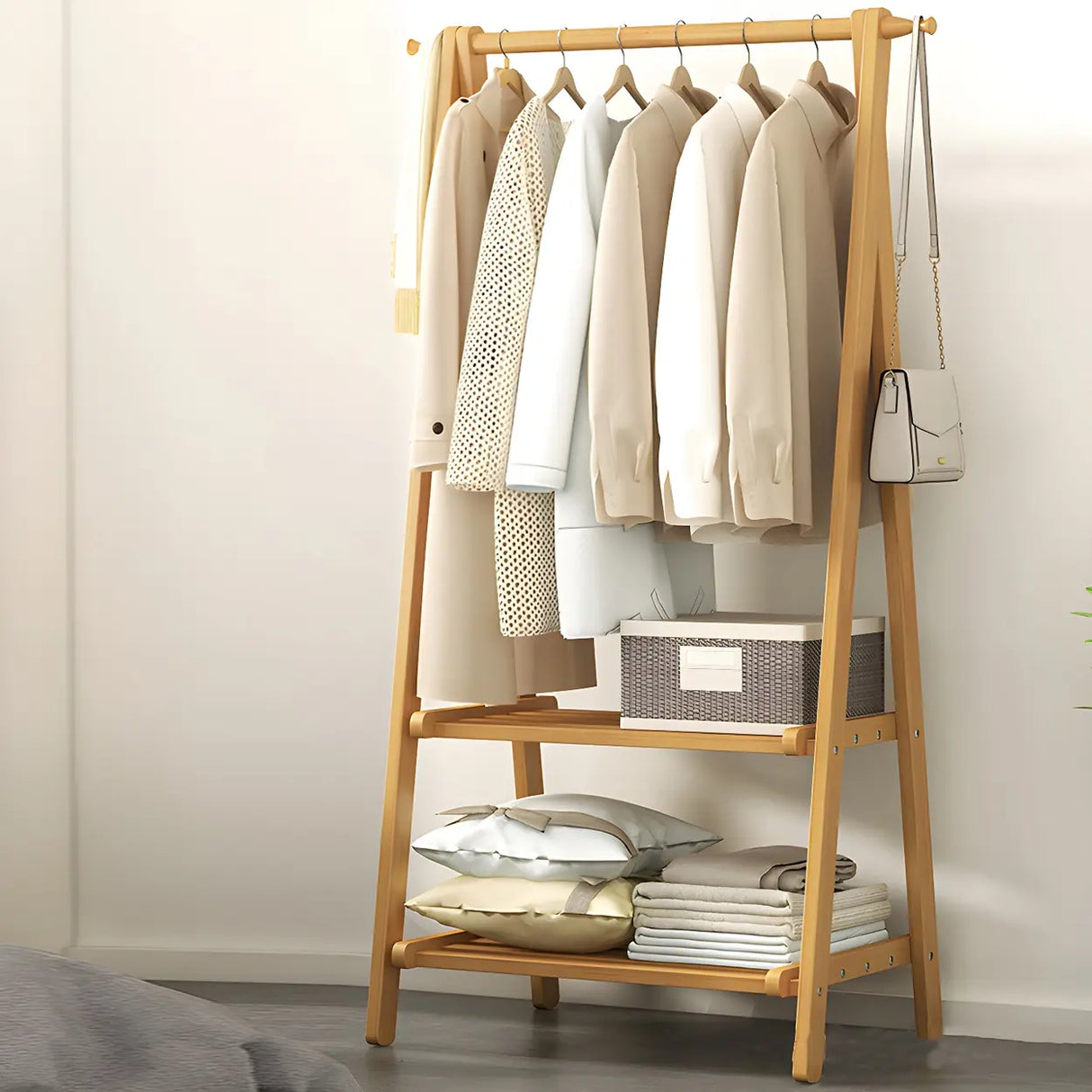 A-Frame Wooden Green Garment Rack with Hooks and Shelves Image - 4