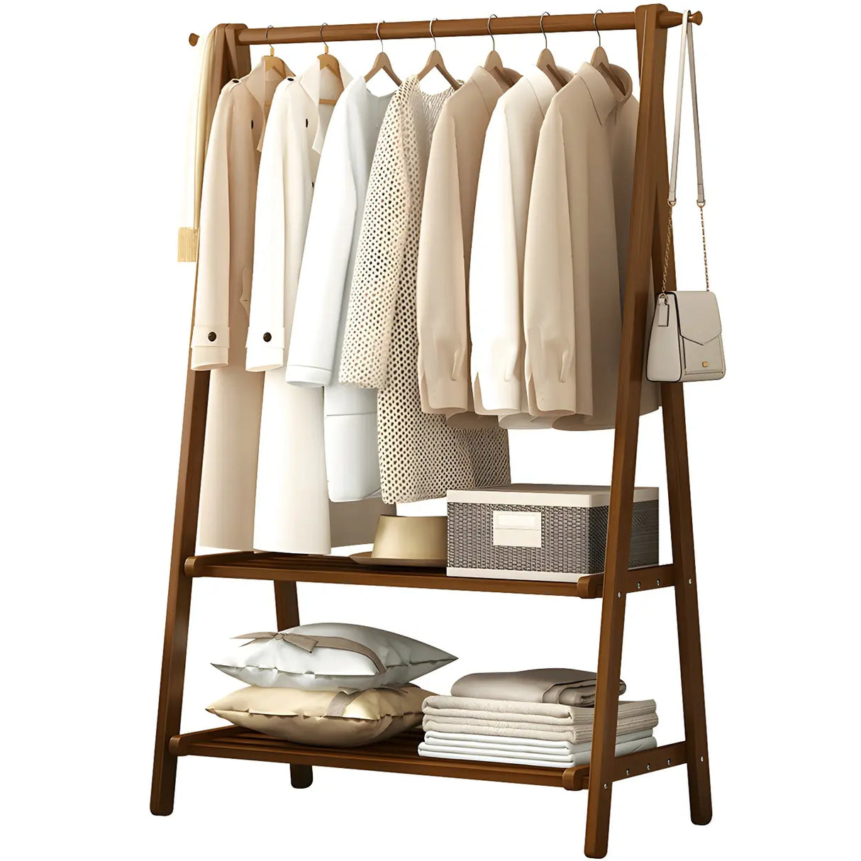 A-Frame Wooden Green Garment Rack with Hooks and Shelves Image - 5