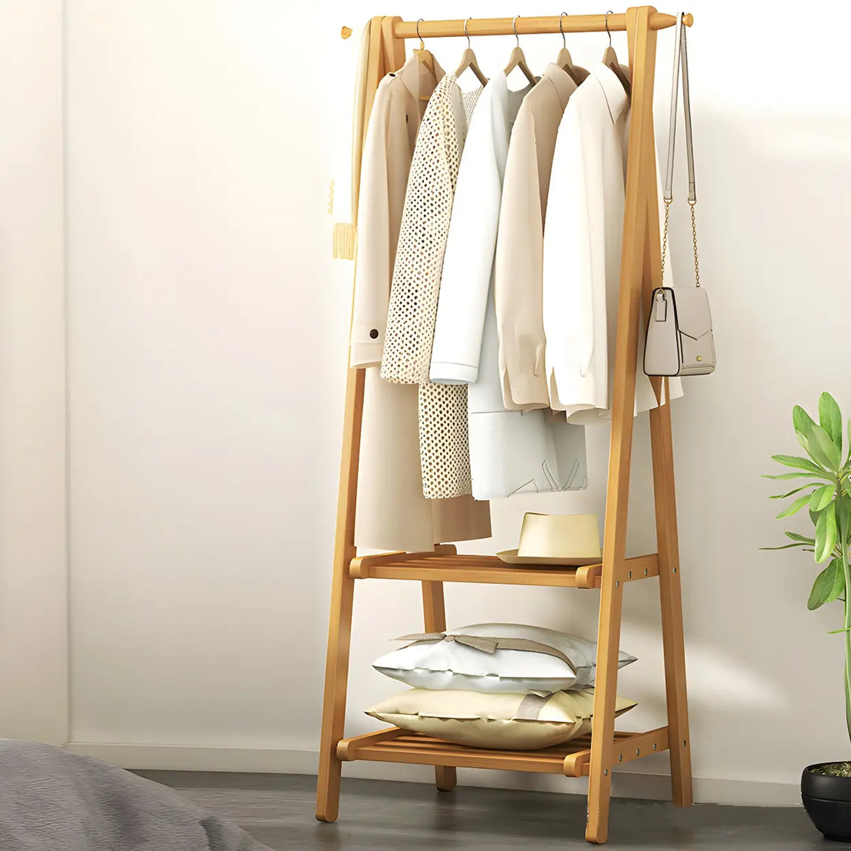 A-Frame Wooden Green Garment Rack with Hooks and Shelves Image - 8
