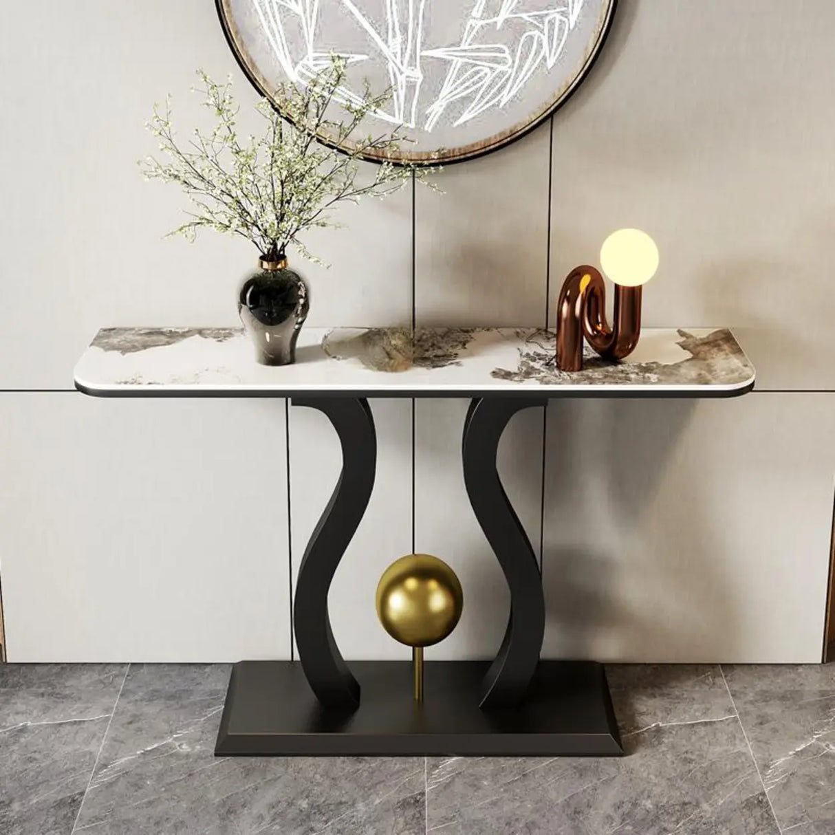 Abstract Base Black Curved Marble Top Console Table Image - 1
