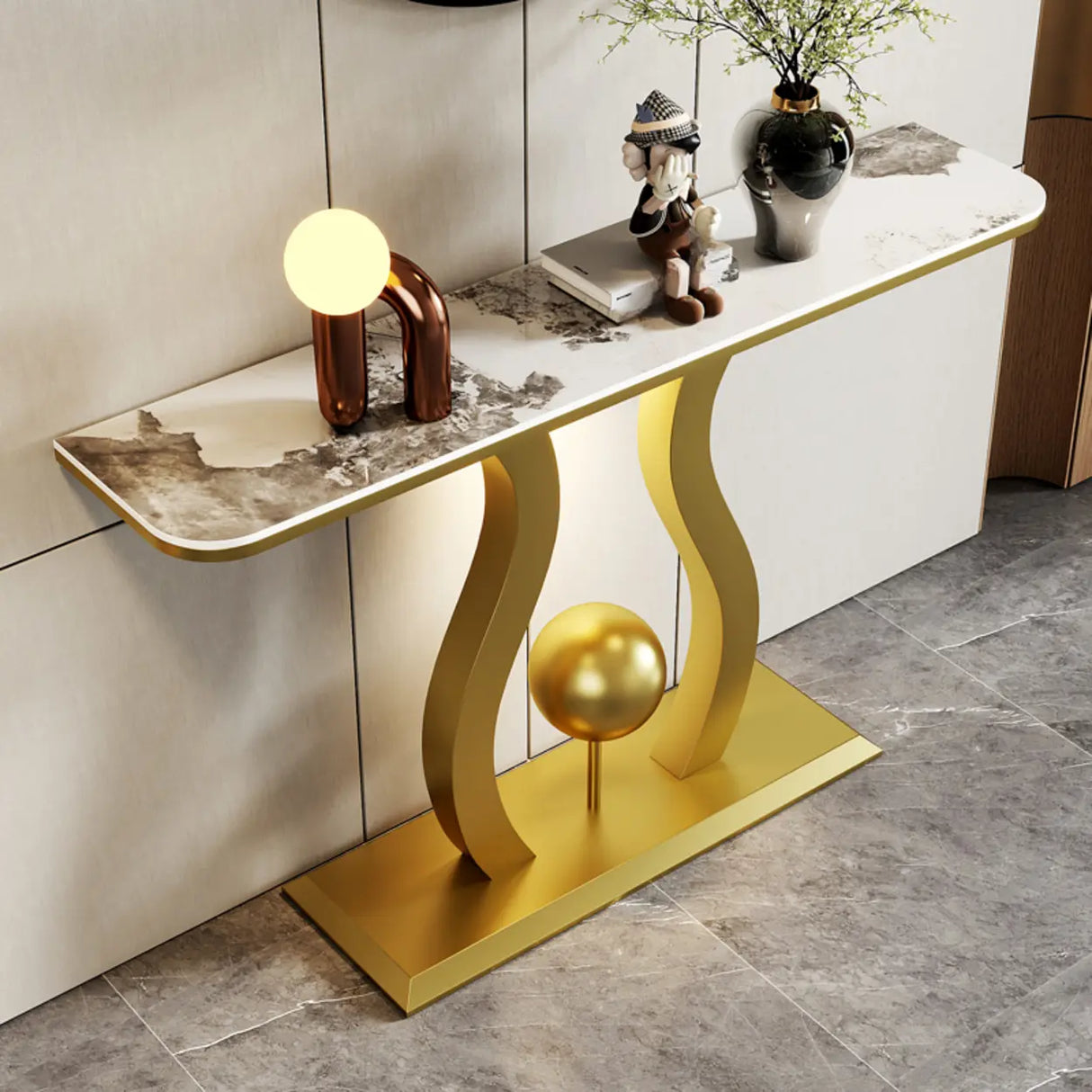 Abstract Base Black Curved Marble Top Console Table Image - 2