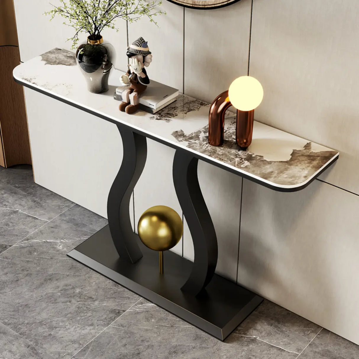 Abstract Base Black Curved Marble Top Console Table Image - 3