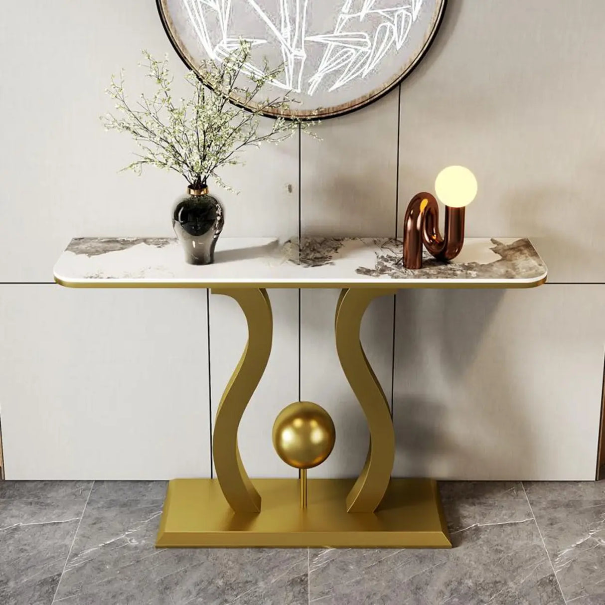Abstract Base Black Curved Marble Top Console Table Image - 4