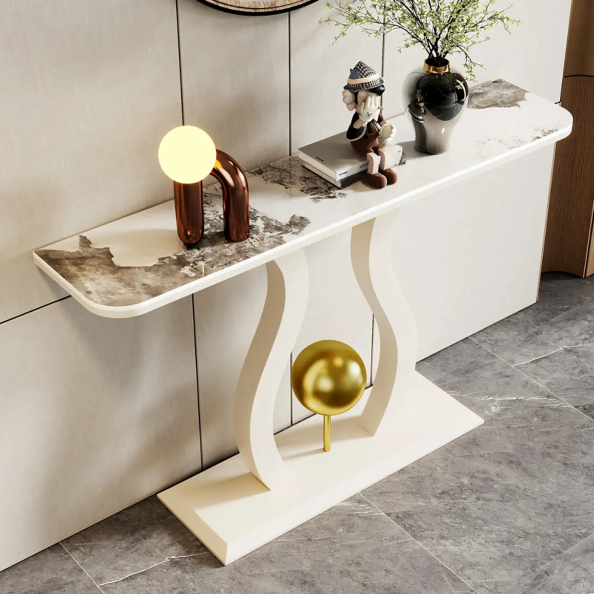 Abstract Base Black Curved Marble Top Console Table Image - 5