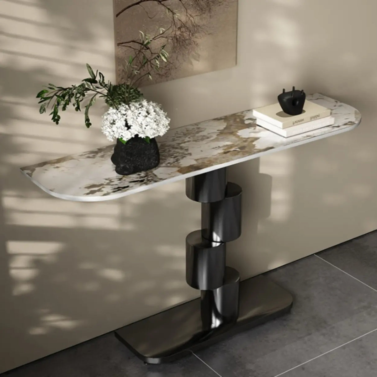 Abstract Base Half-circle Stone Top Black Console Table Image - 1