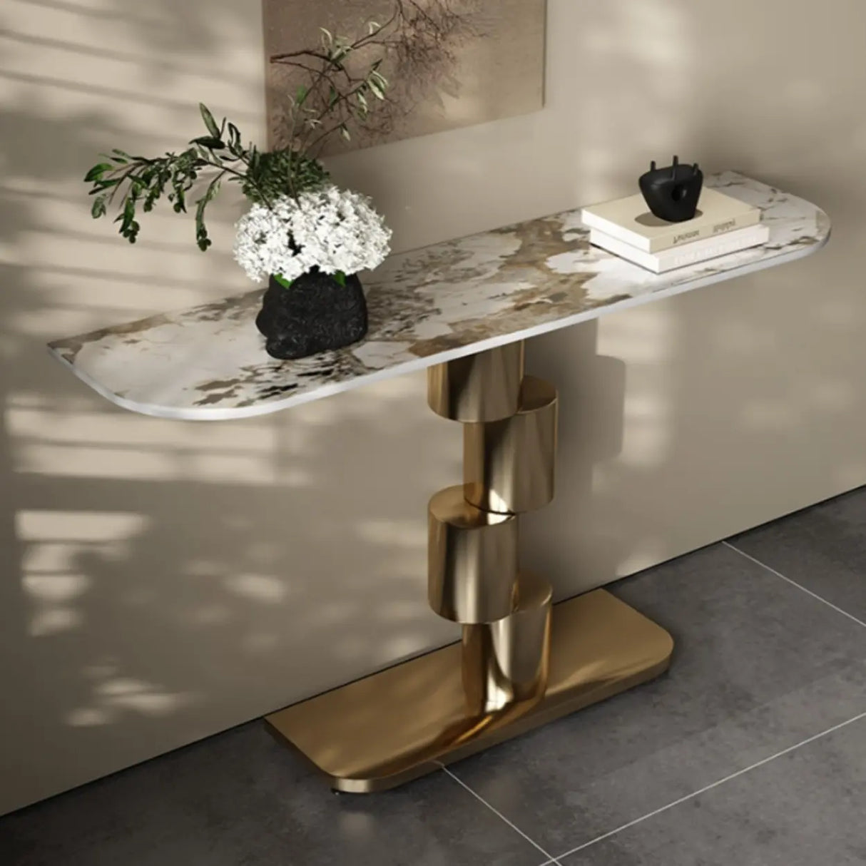 Abstract Base Half-circle Stone Top Black Console Table Image - 4