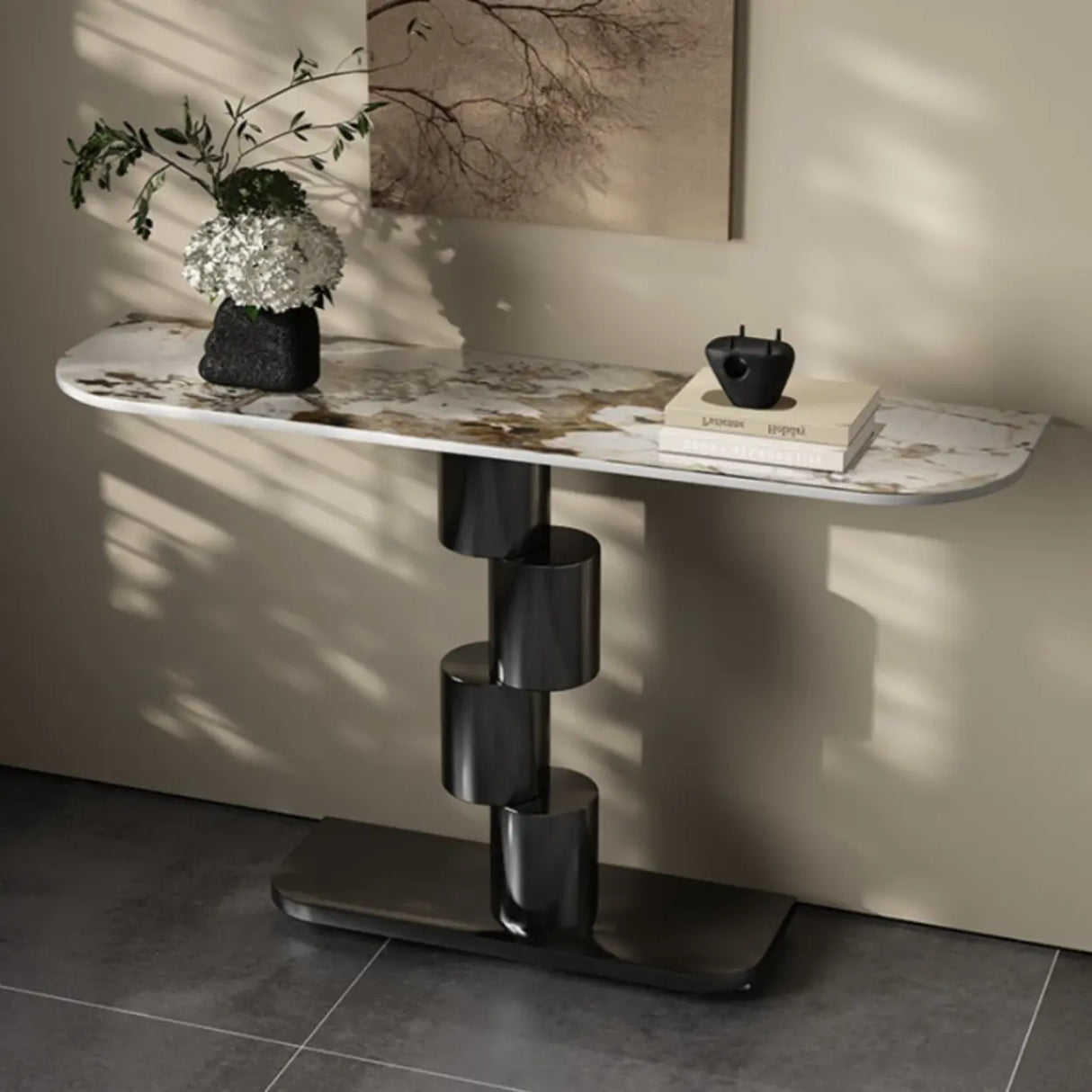 Abstract Base Half-circle Stone Top Black Console Table Image - 5