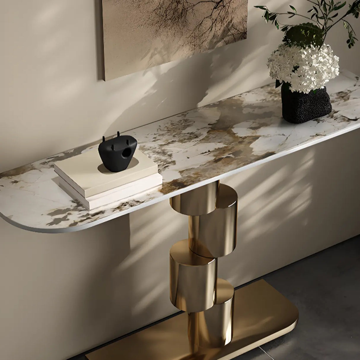 Abstract Base Half-circle Stone Top Black Console Table Image - 6