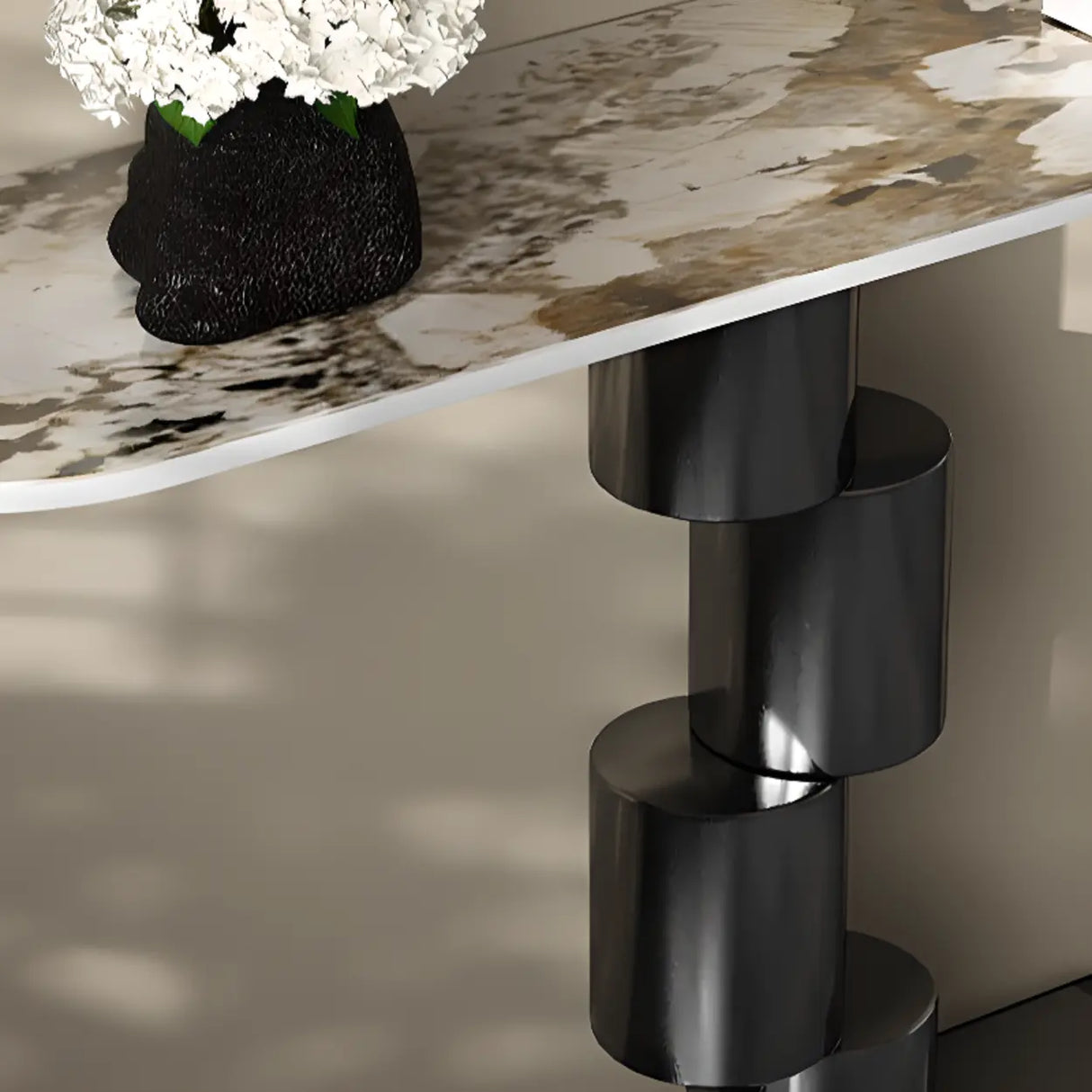 Abstract Base Half-circle Stone Top Black Console Table Image - 7