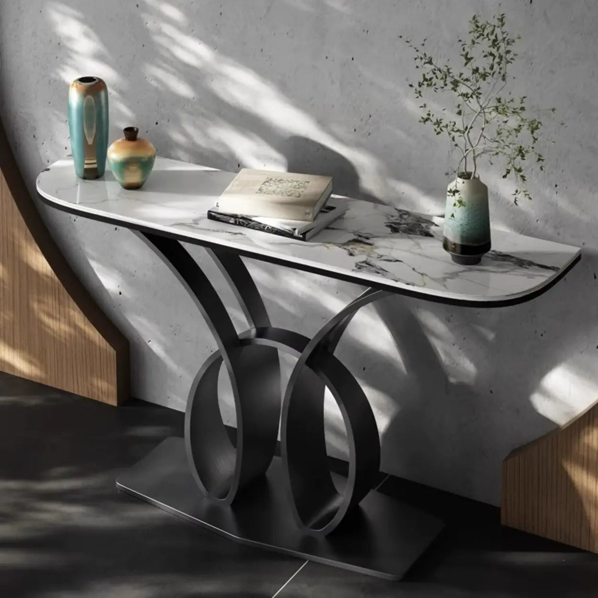 Abstract Base Metal Stone Gray Standard Console Table Image - 3