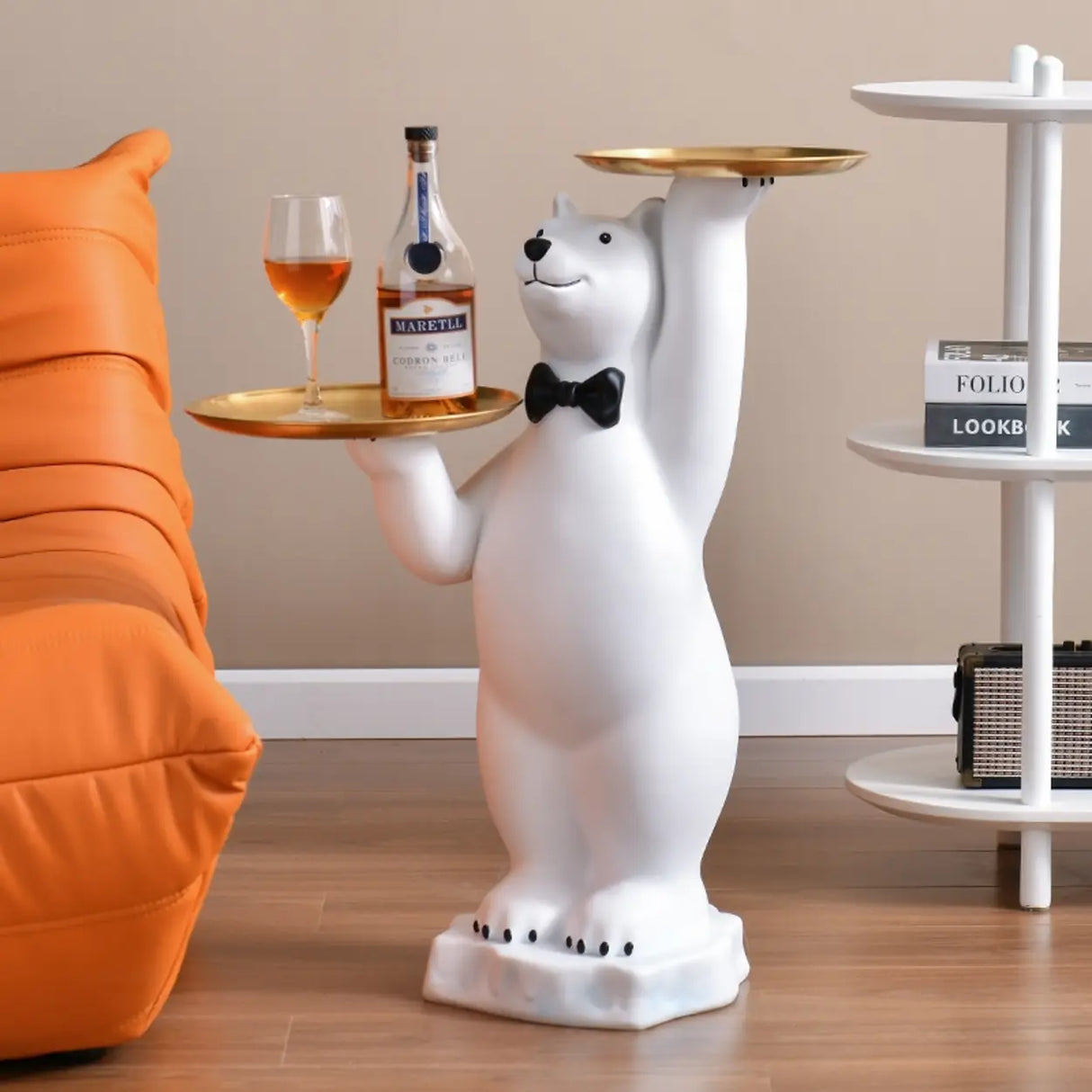 Abstract Bear Resin Gold Tray Top Decor White Side Table Image - 1