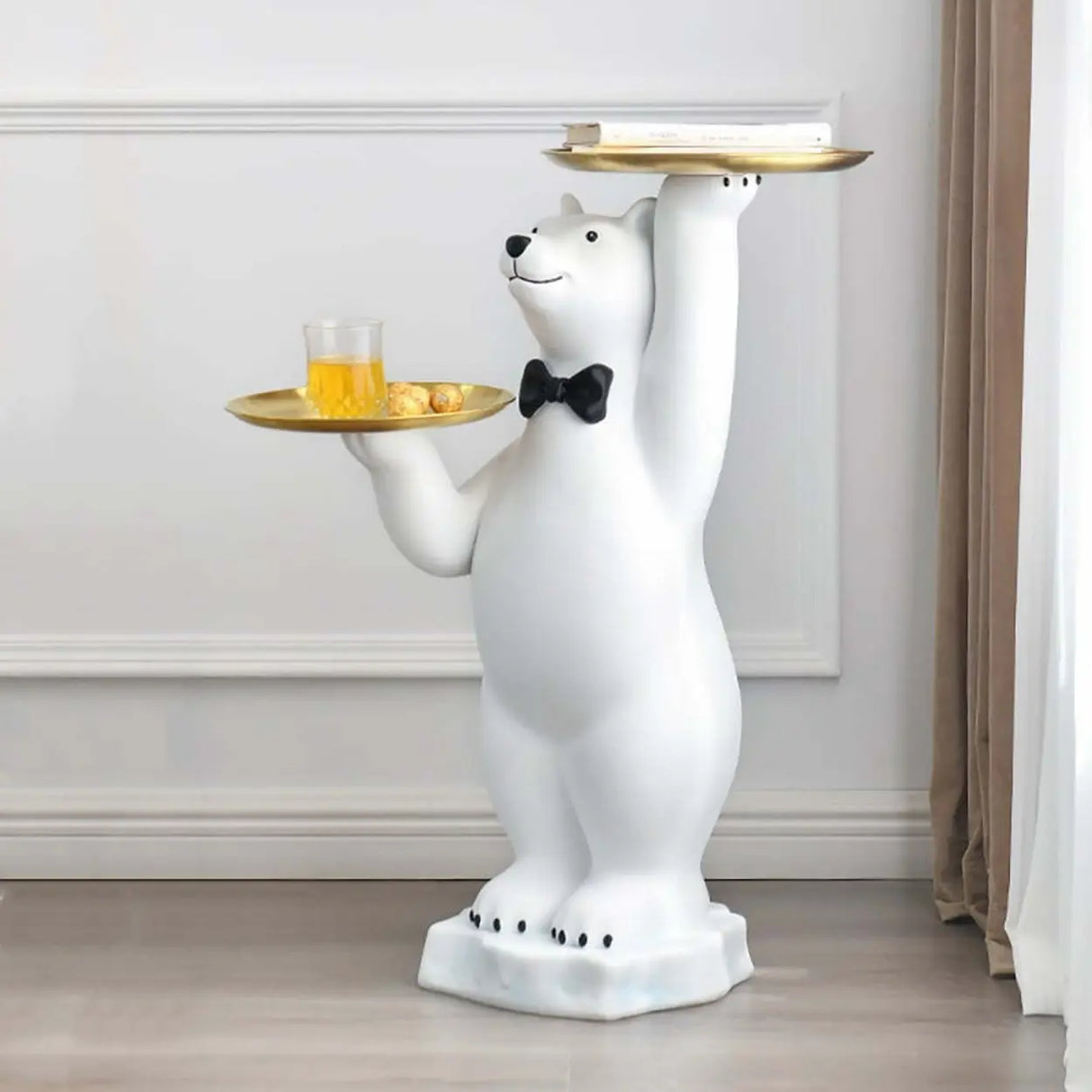 Abstract Bear Resin Gold Tray Top Decor White Side Table Image - 2