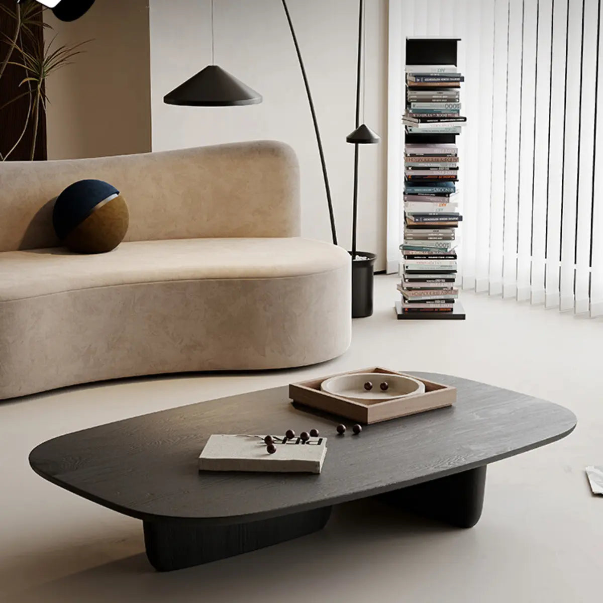 Abstract Black Wood Arc Rectangle Single Coffee Table Image - 1