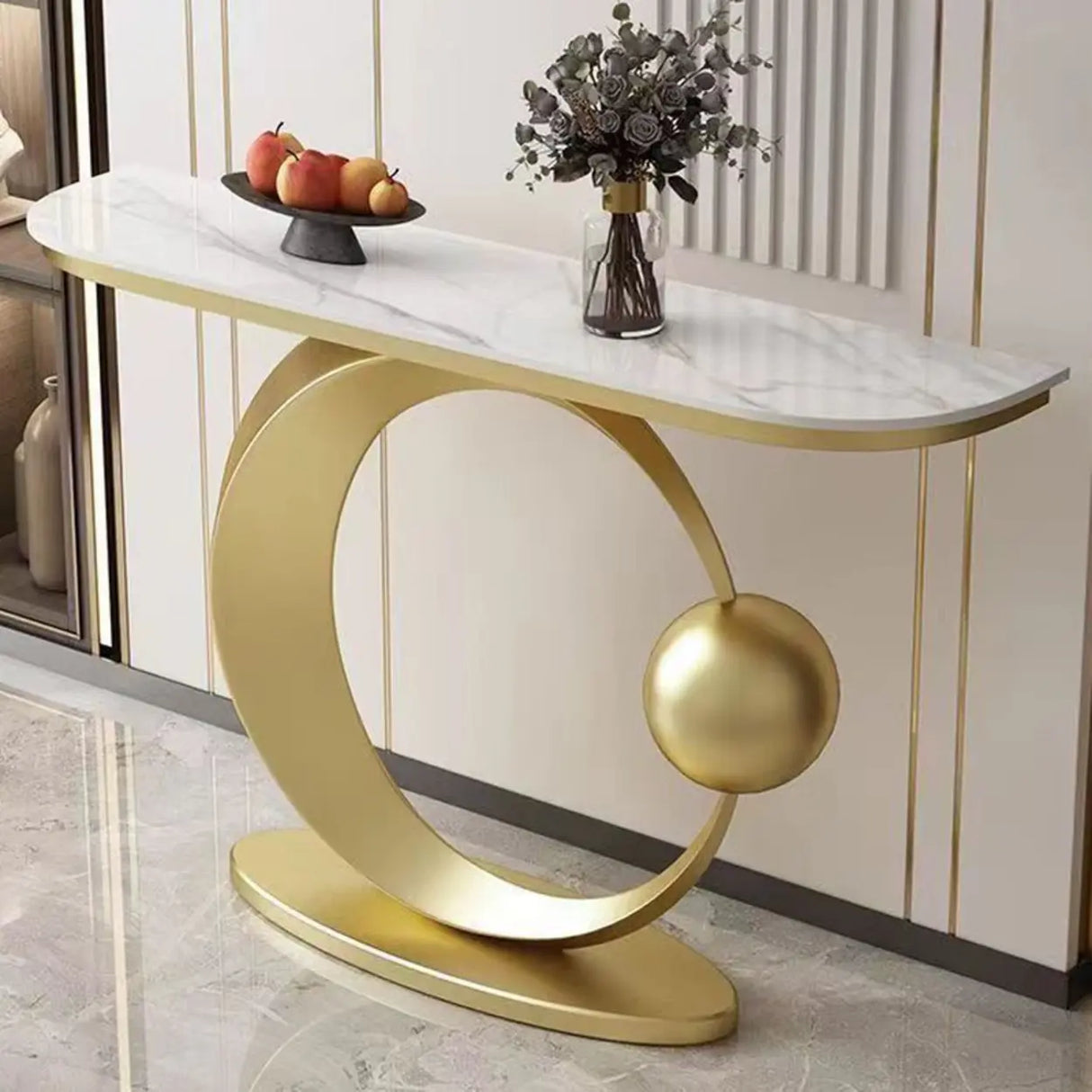 Abstract Circular Base Sintered Stone Gold Console Table Image - 1