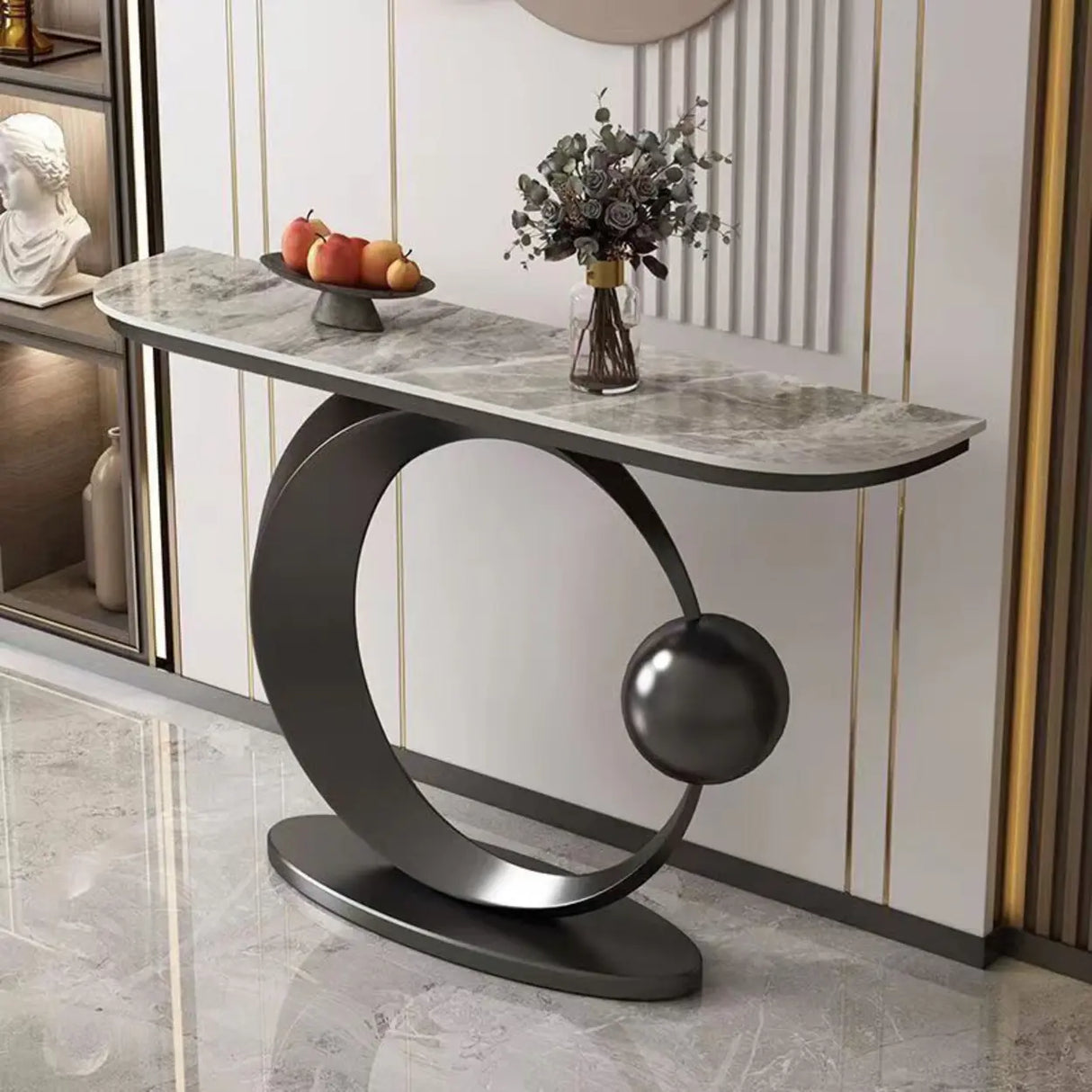 Abstract Circular Base Sintered Stone Gold Console Table Image - 10