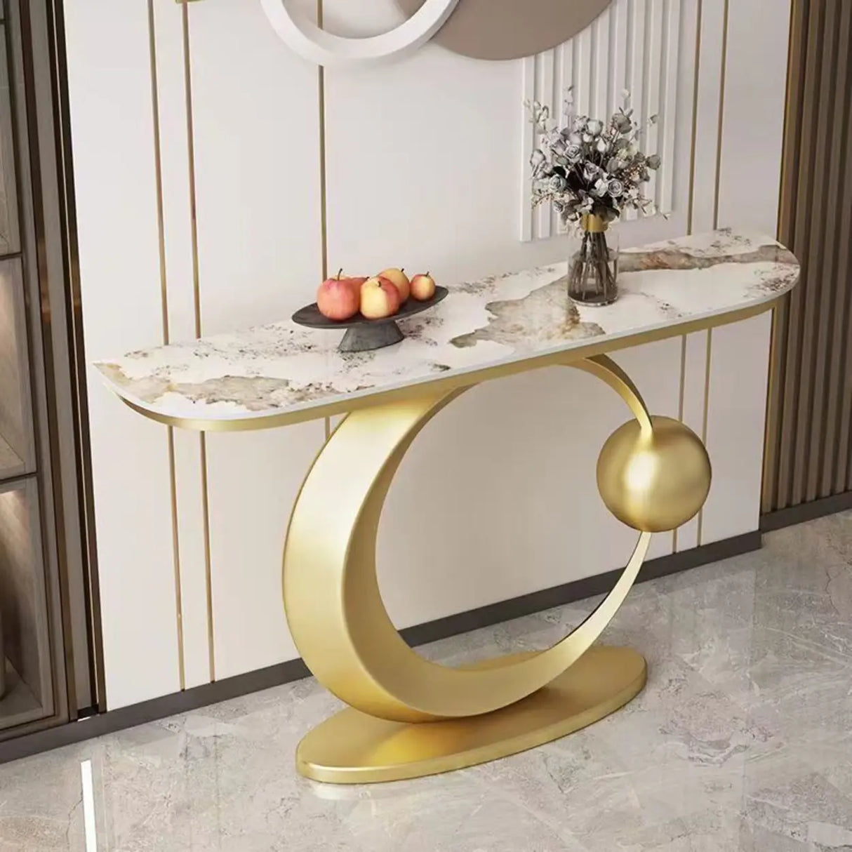 Abstract Circular Base Sintered Stone Gold Console Table Image - 3