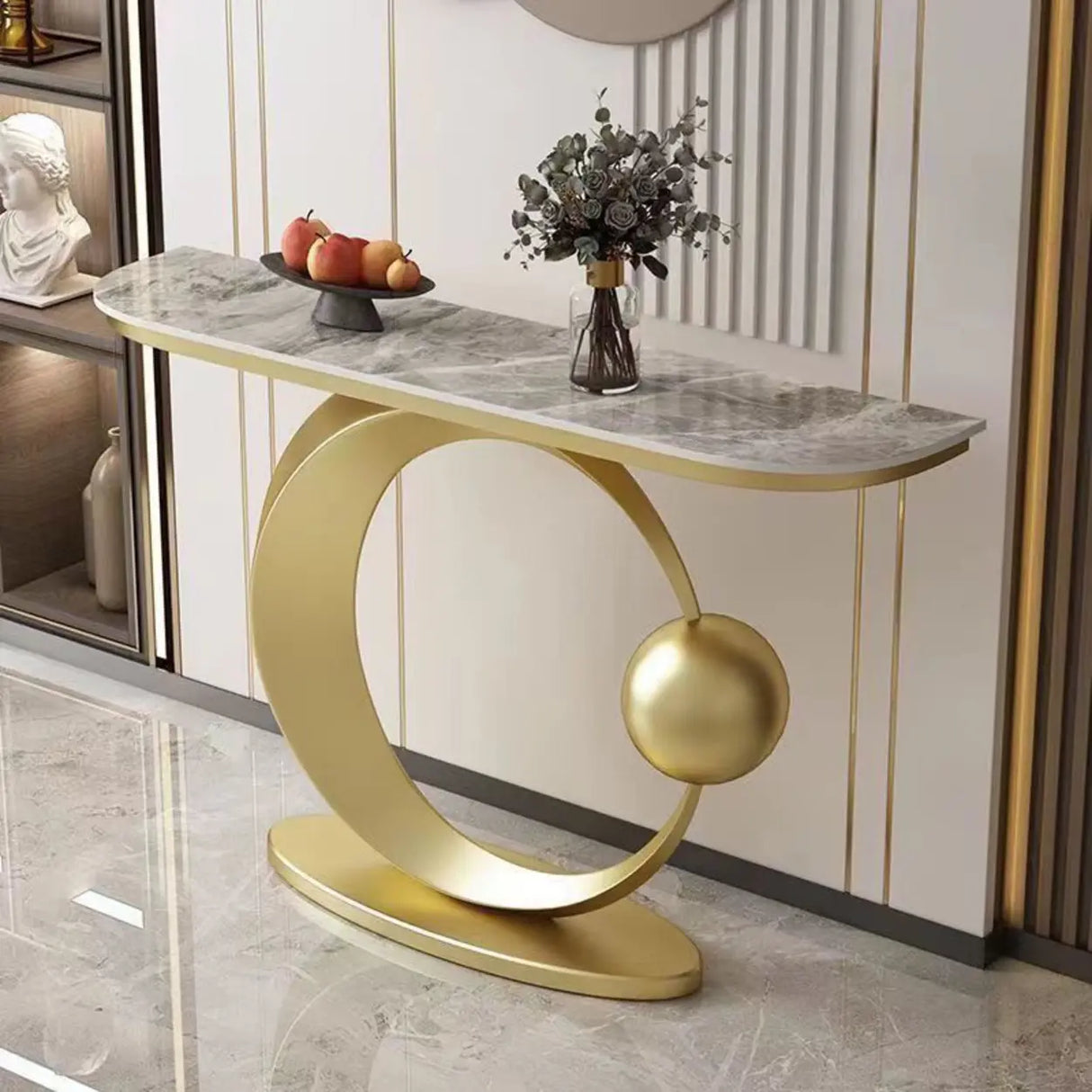 Abstract Circular Base Sintered Stone Gold Console Table Image - 5