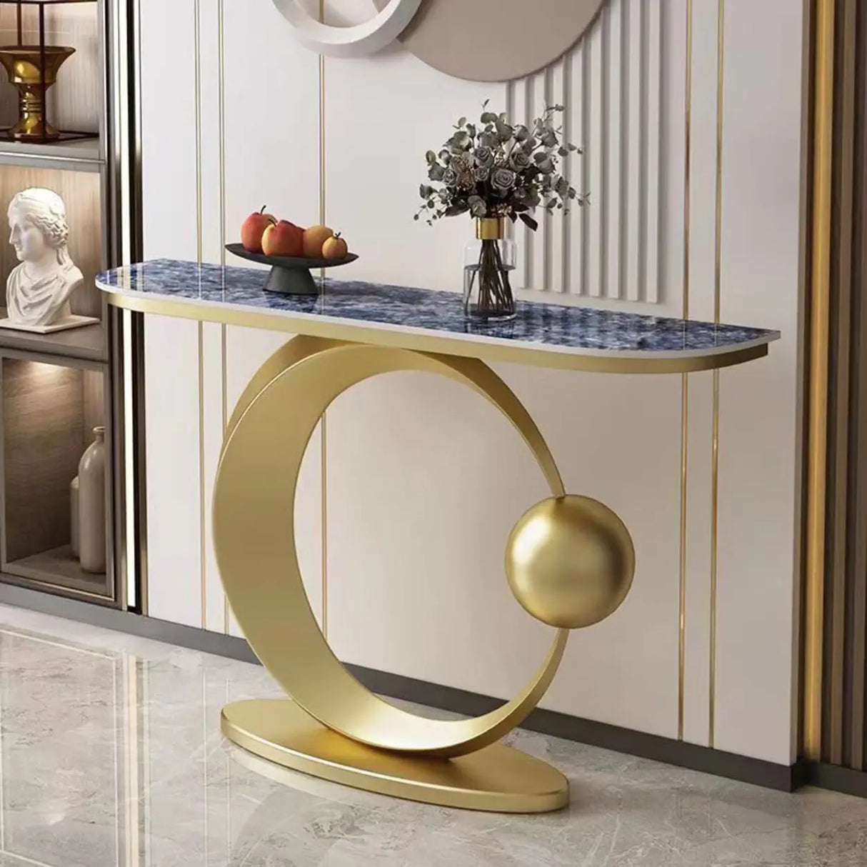 Abstract Circular Base Sintered Stone Gold Console Table Image - 7